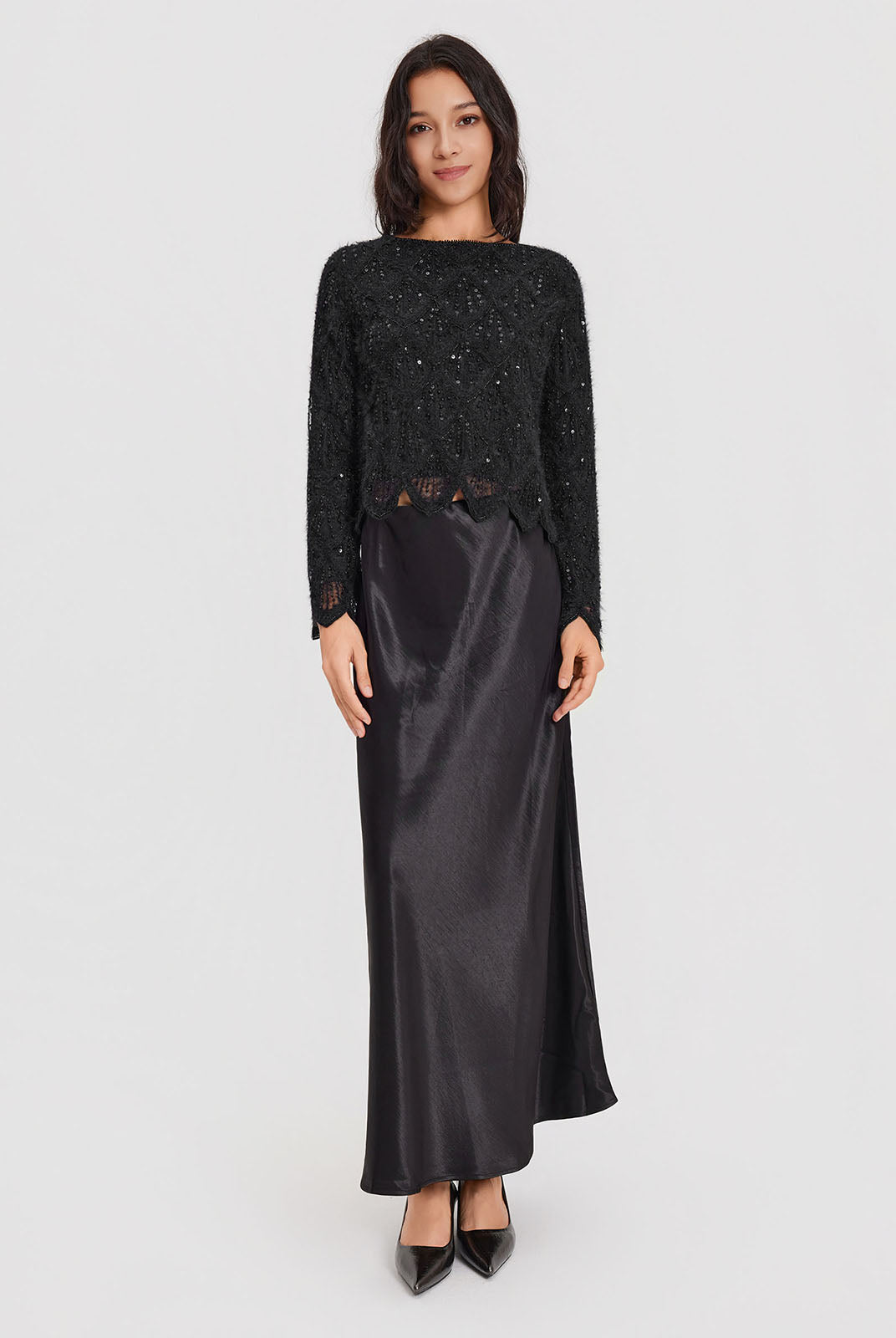 ASOBIO Feather-Trim Knit Cropped Sweater