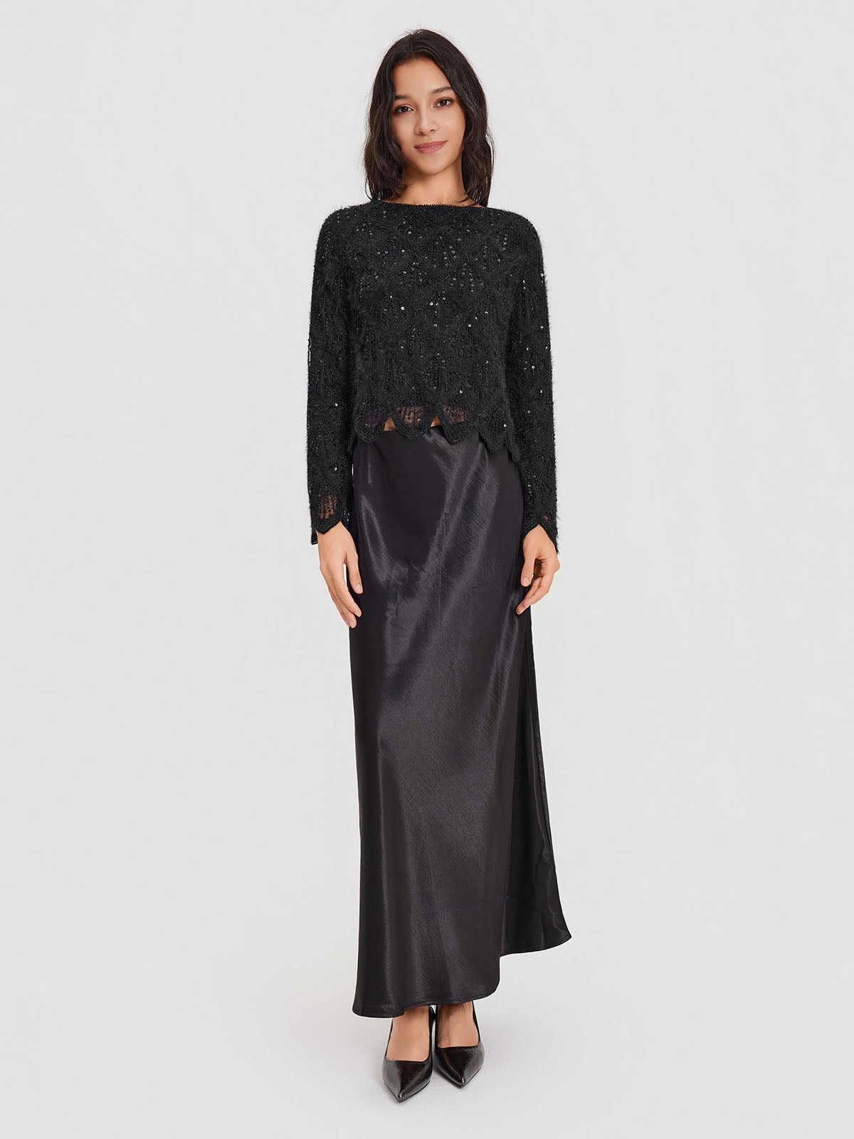 ASOBIO Feather-Trim Knit Cropped Sweater