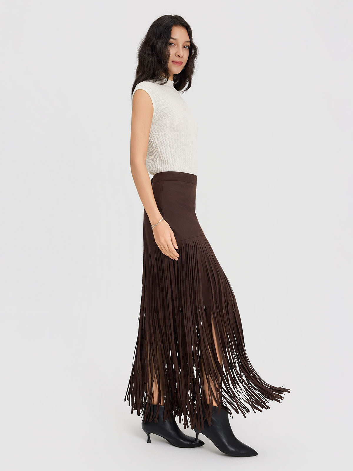 ASOBIO Mid-Rise Suede Fringe Maxi Skirt