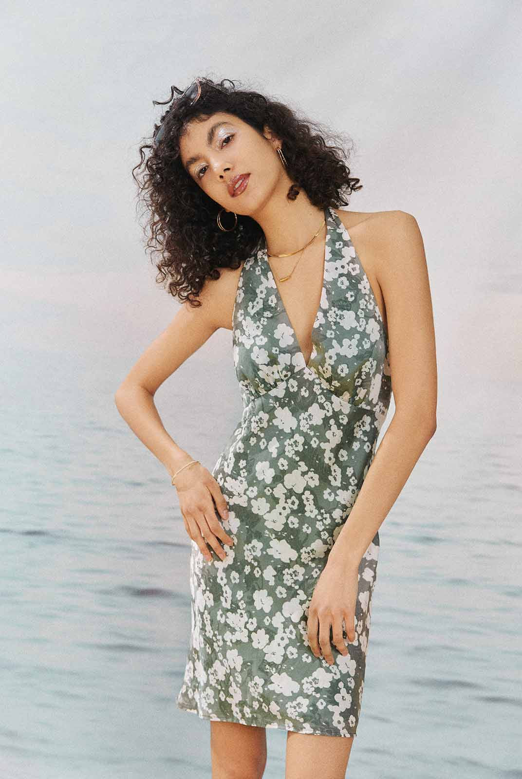 ASOBIO Halter V-Neck Draped Mini Dress