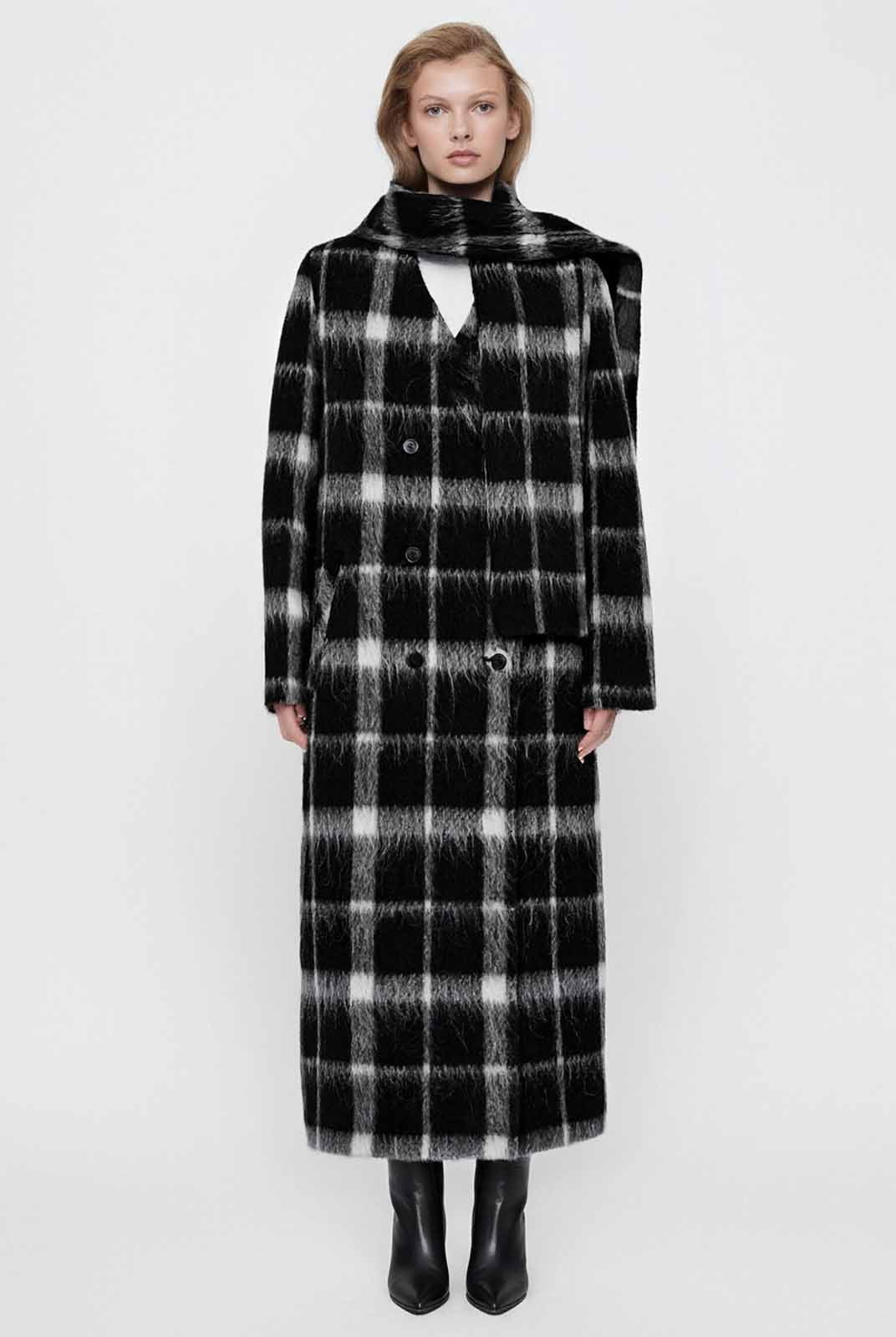 ASOBIO Checked Double-Faced Wool Long Coat with Removable Scarf