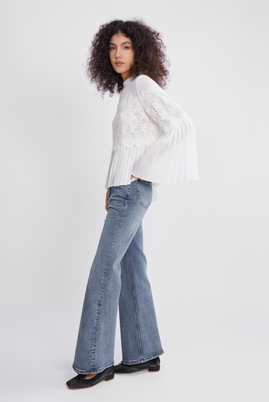 ASOBIO Pleated Chiffon Lace-Panel Blouse