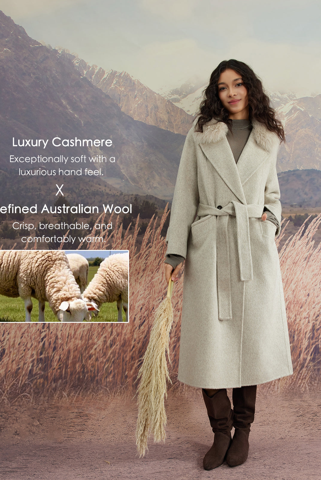 ASOBIO Wool Coat with Detachable Fur Collar