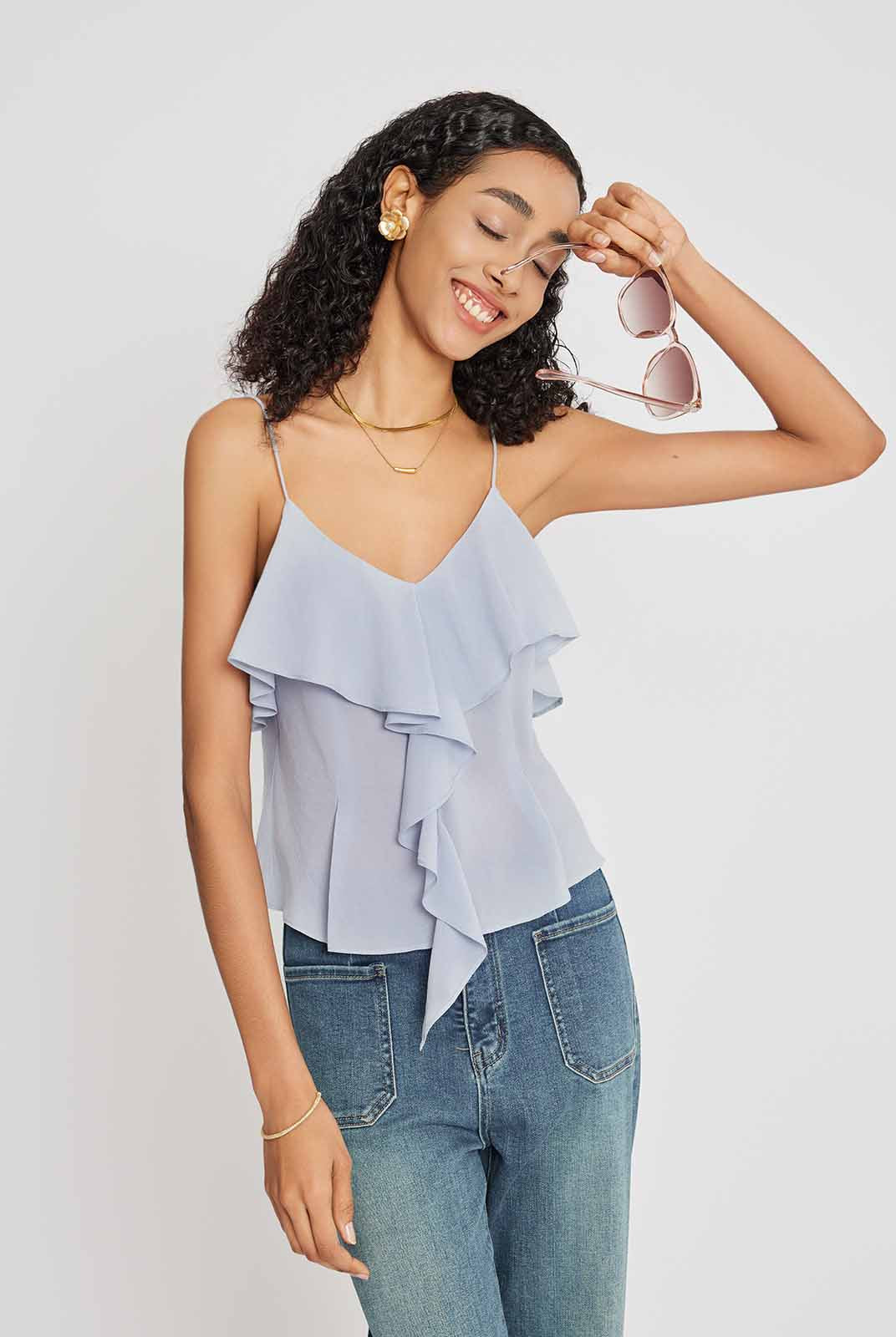 Ruffled Chiffon V-Neck Camisole