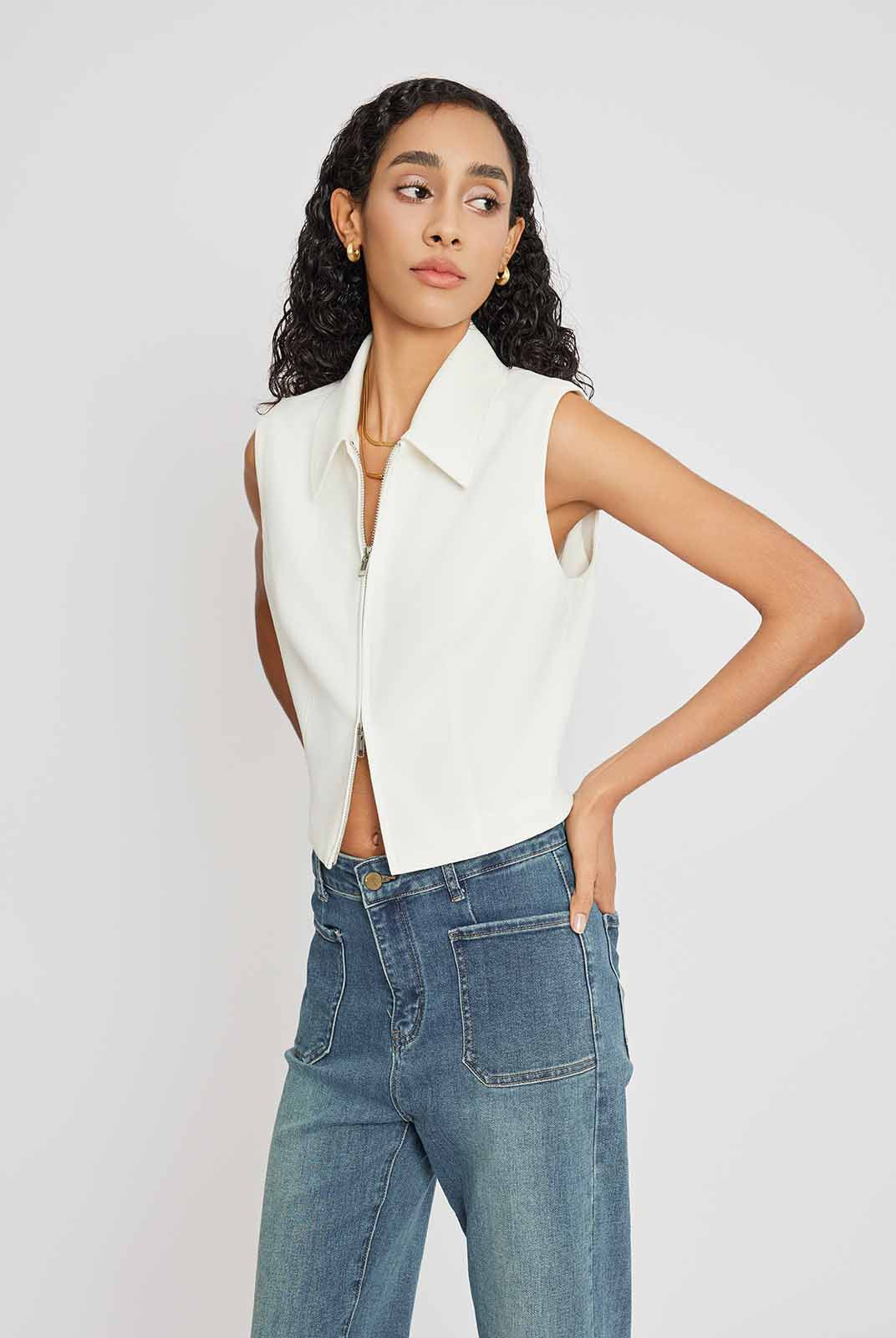 Double-Zip Sleeveless Fitted Shirt Top