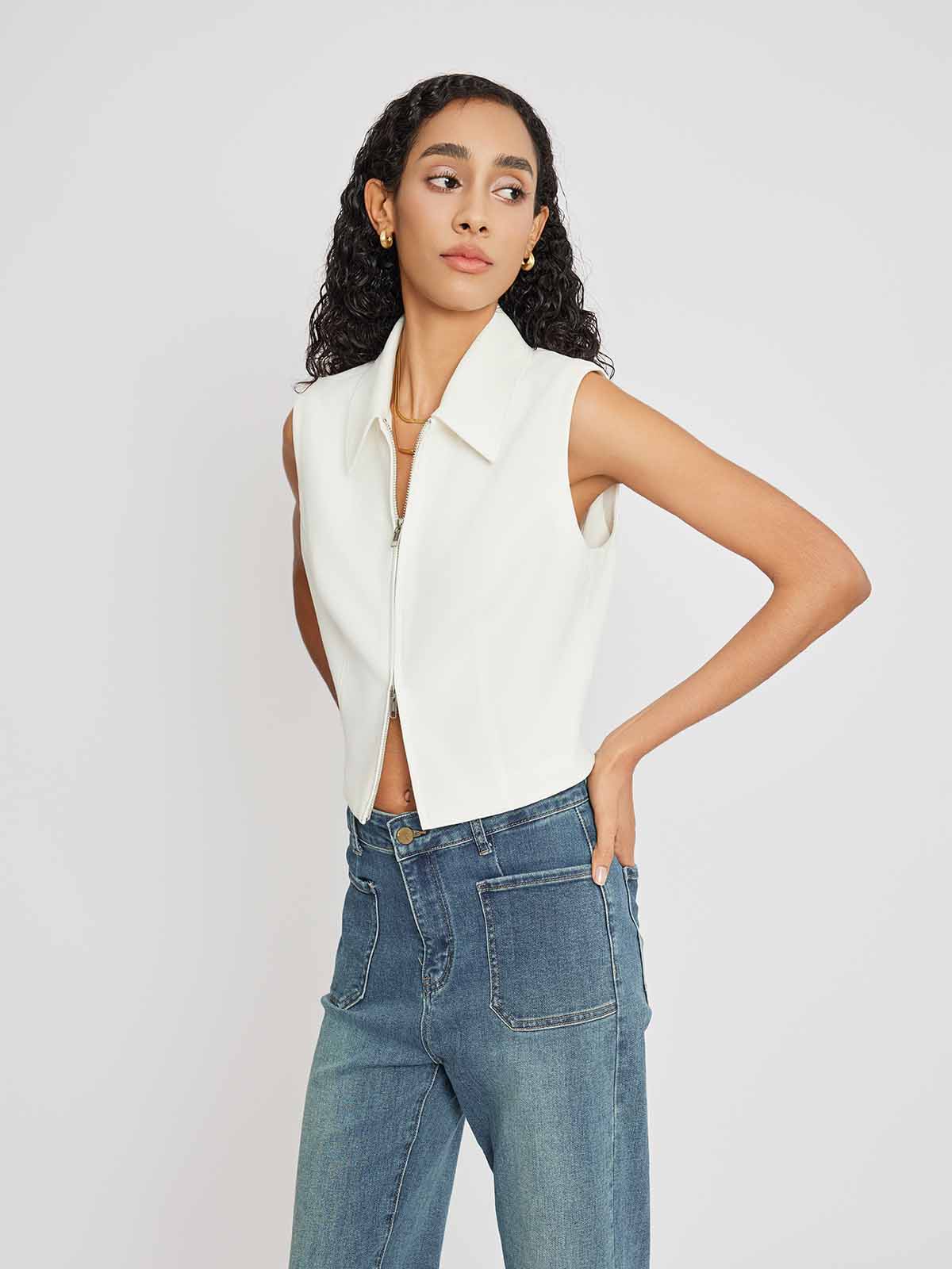 Double-Zip Sleeveless Fitted Shirt Top