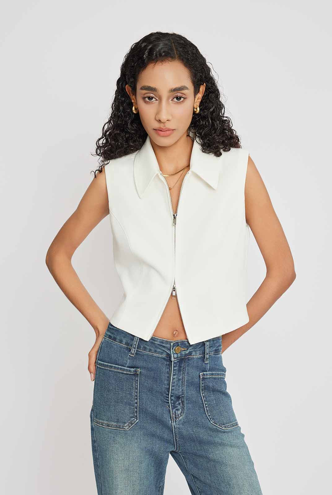 Double-Zip Sleeveless Fitted Shirt Top