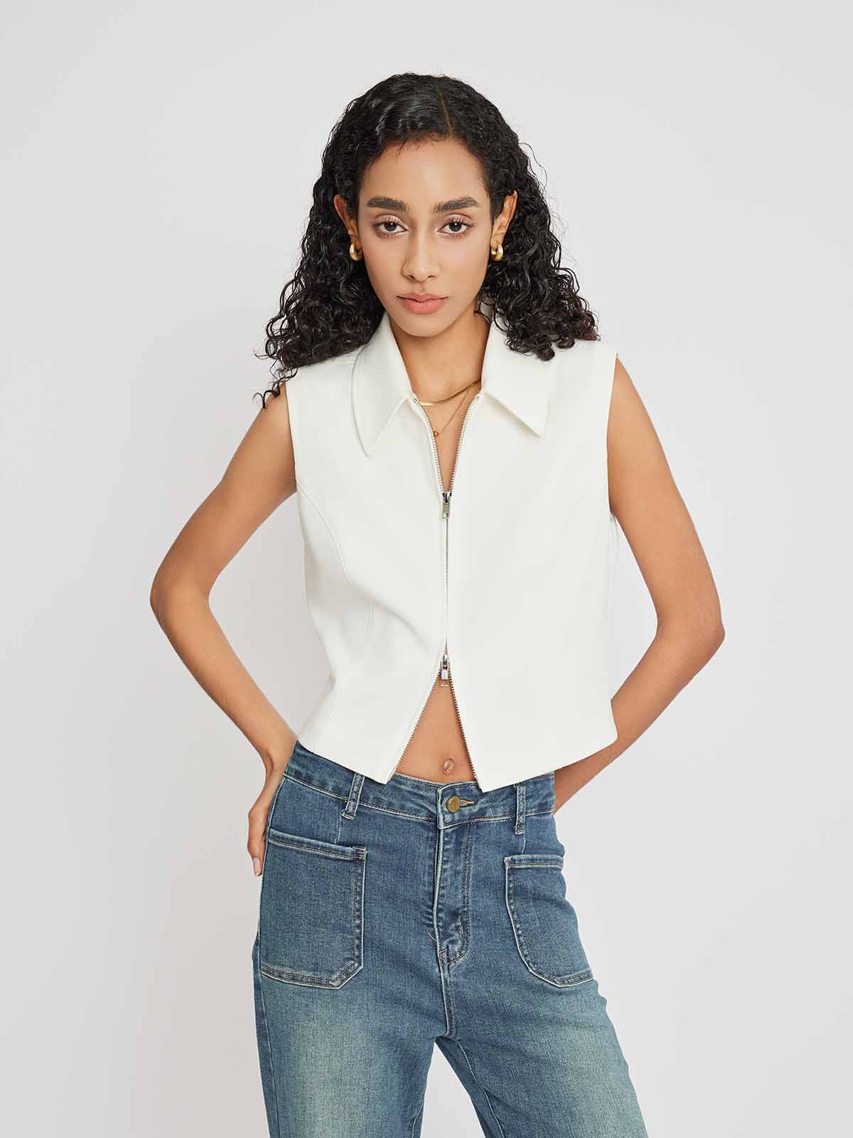 Double-Zip Sleeveless Fitted Shirt Top