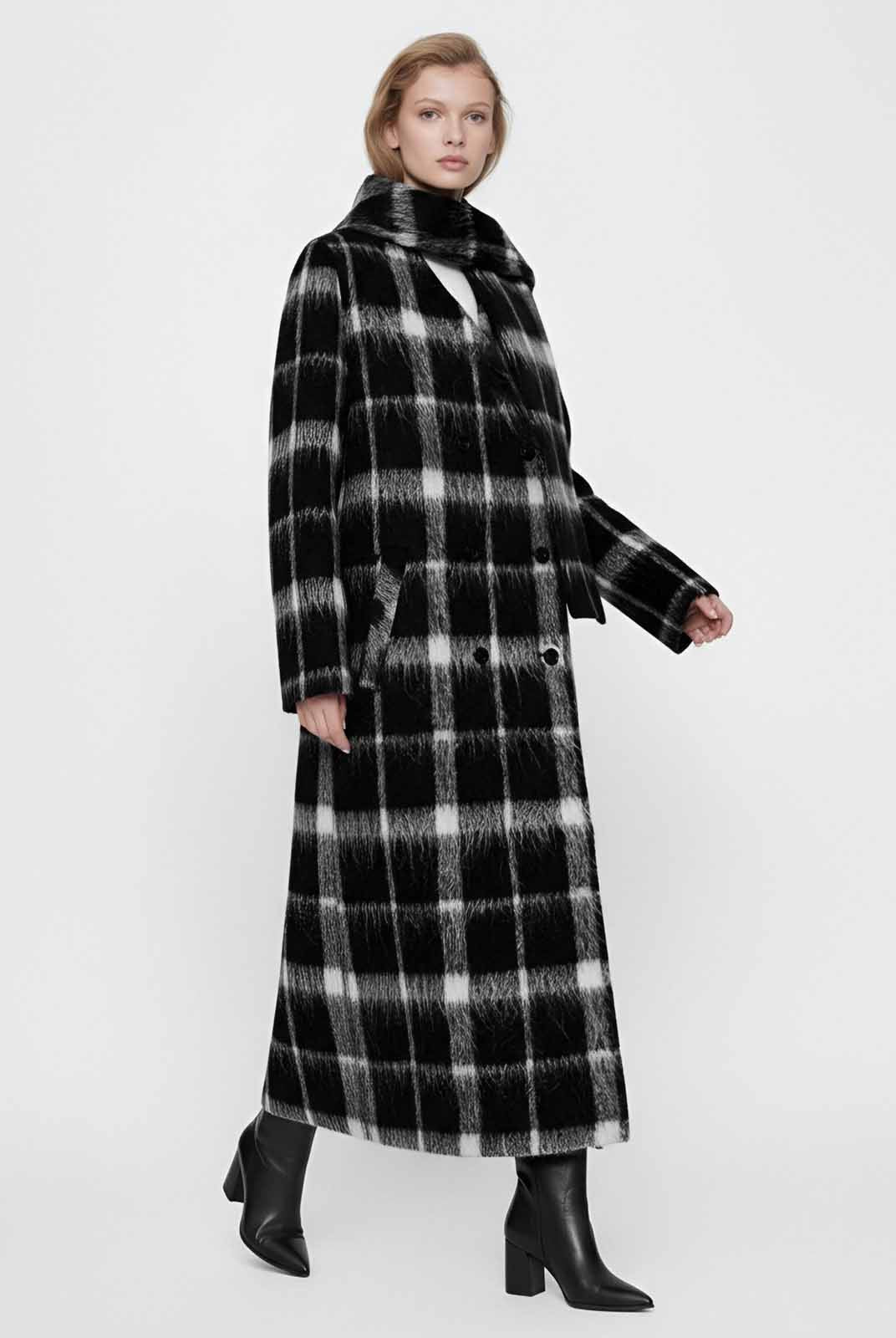 ASOBIO Checked Double-Faced Wool Long Coat with Removable Scarf