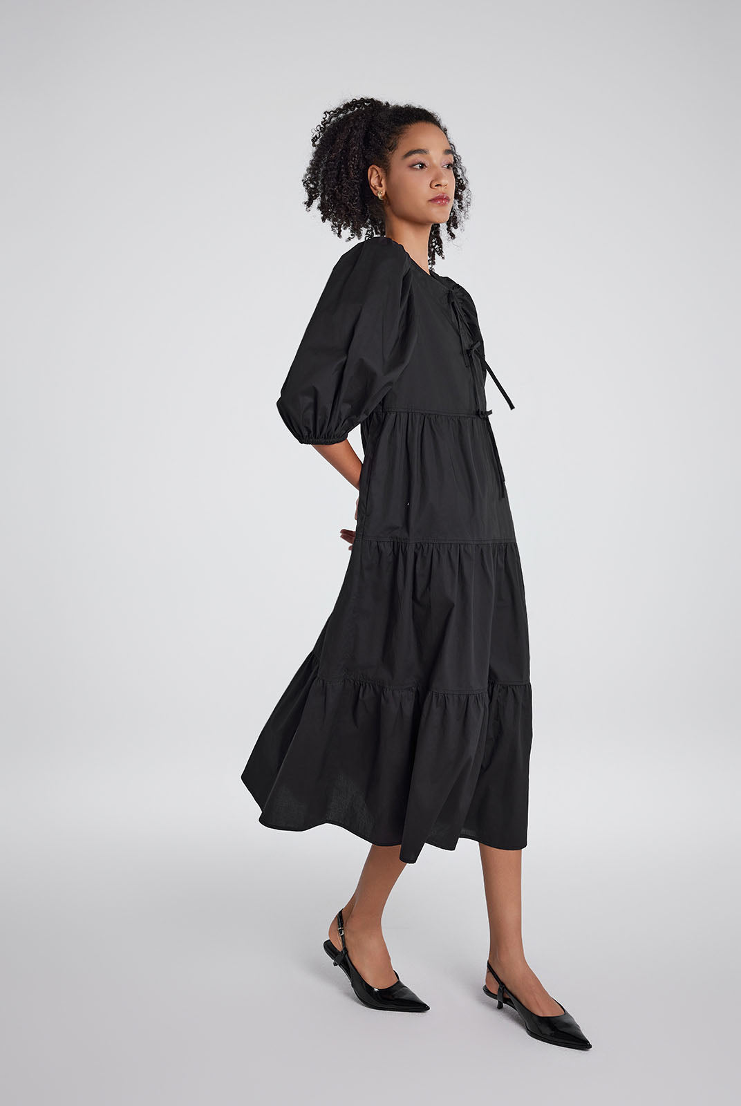 Women's Bow Tie Front Tiered Midi Dress