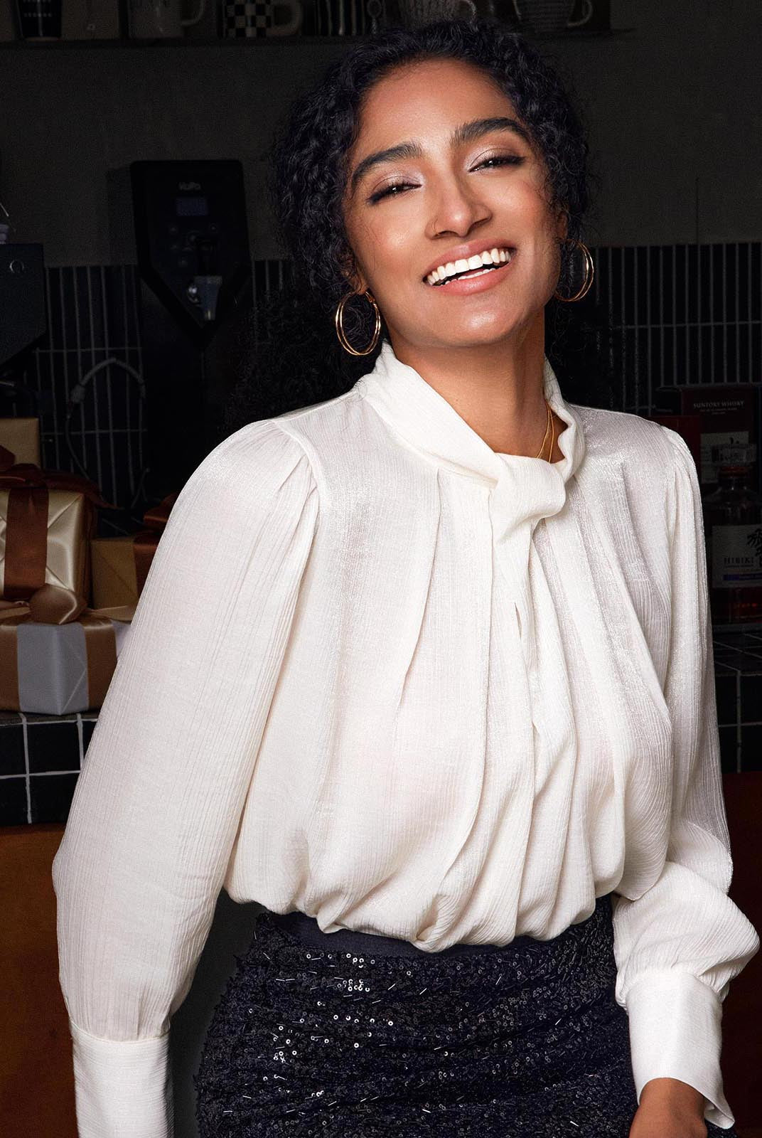 ASOBIO Long-Sleeve Twist Neck Textured Blouse