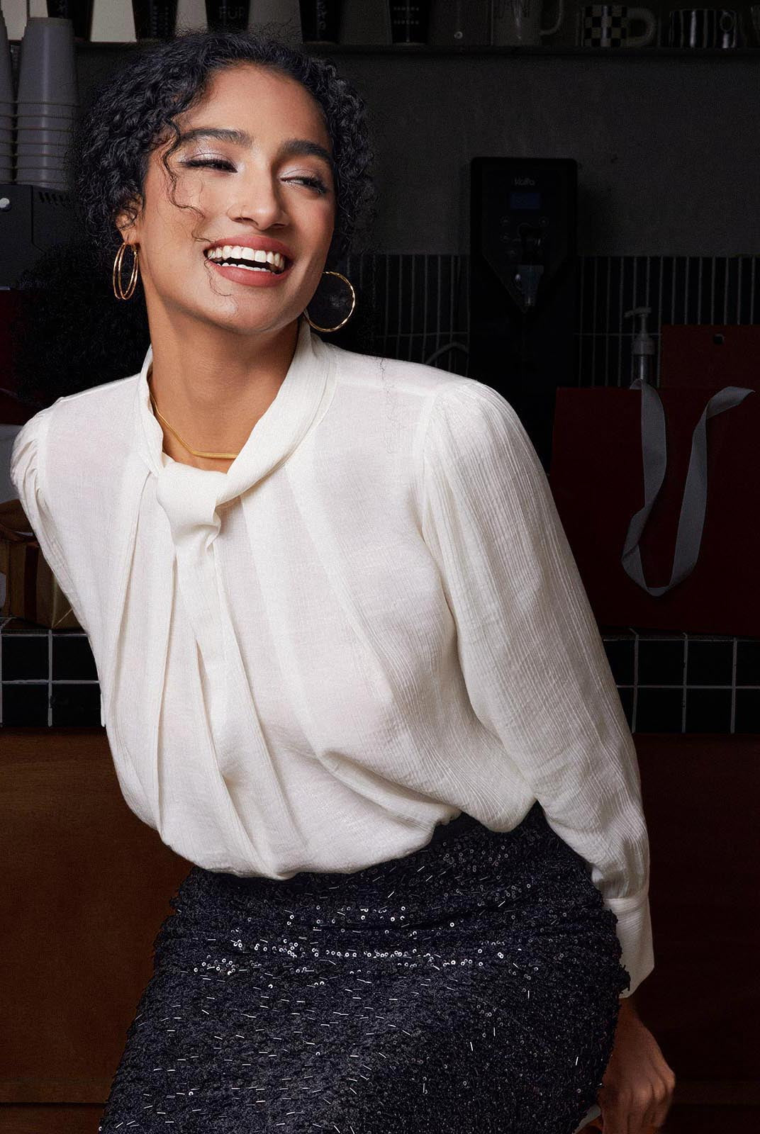 ASOBIO Long-Sleeve Twist Neck Textured Blouse