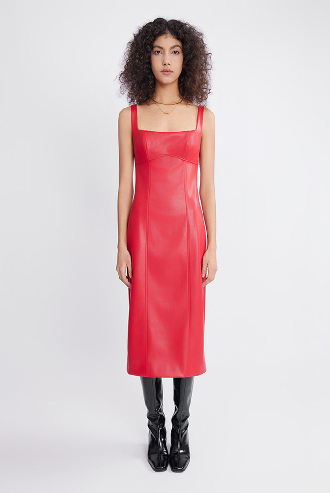 ASOBIO Square Neck Faux Leather Midi Dress