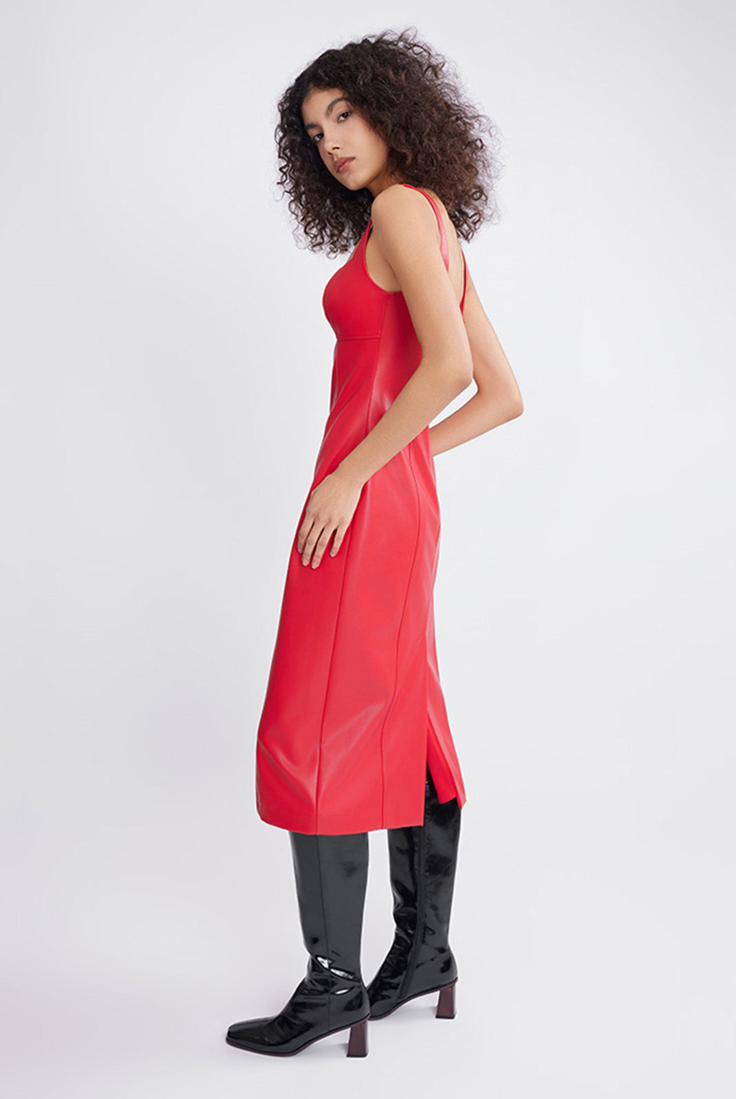 ASOBIO Square Neck Faux Leather Midi Dress