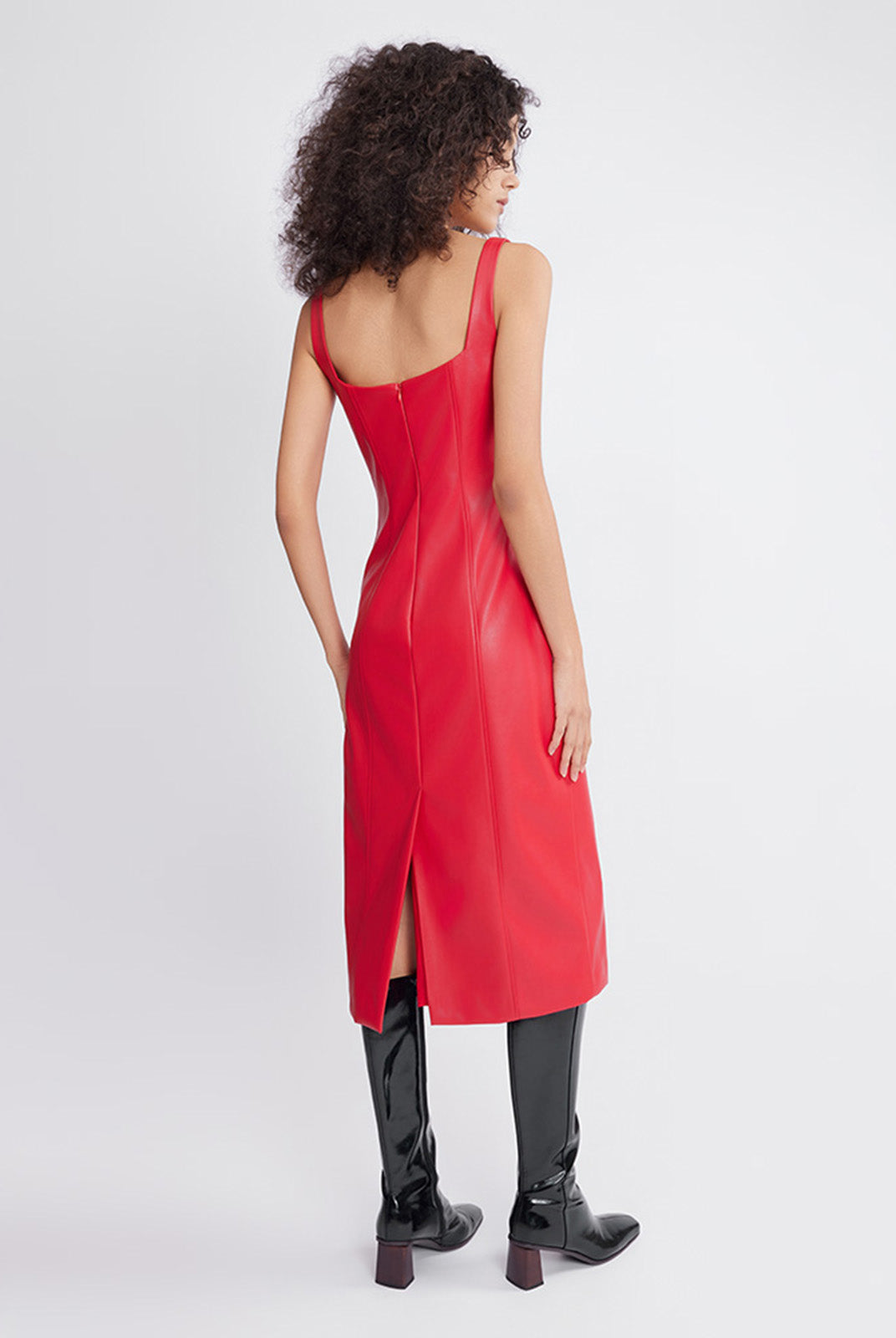 ASOBIO Square Neck Faux Leather Midi Dress