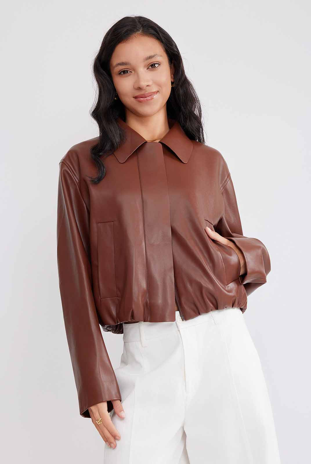 ASOBIO Cropped Faux Leather Jacket