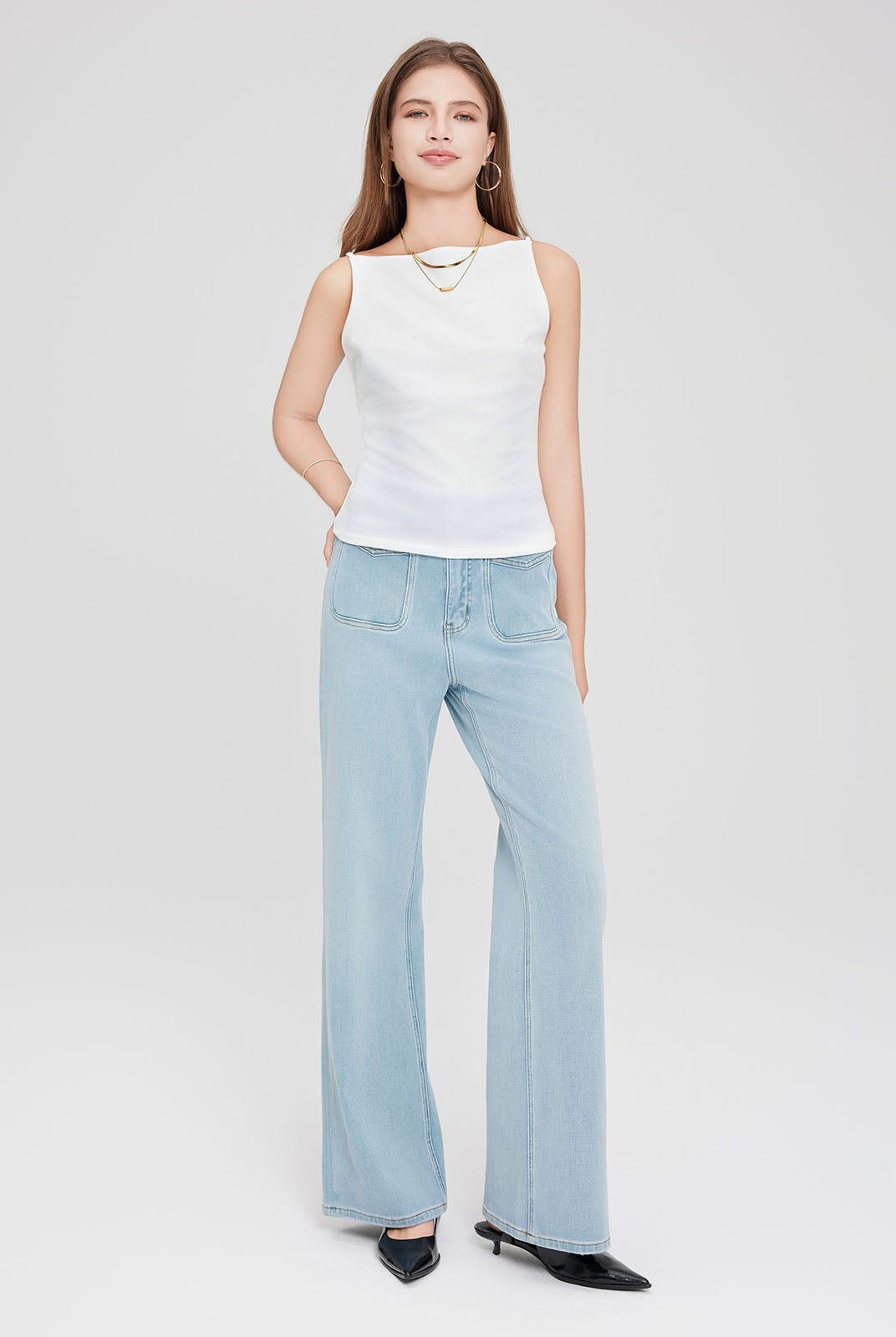 ASOBIO Sleeveless Boatneck Crepe Top