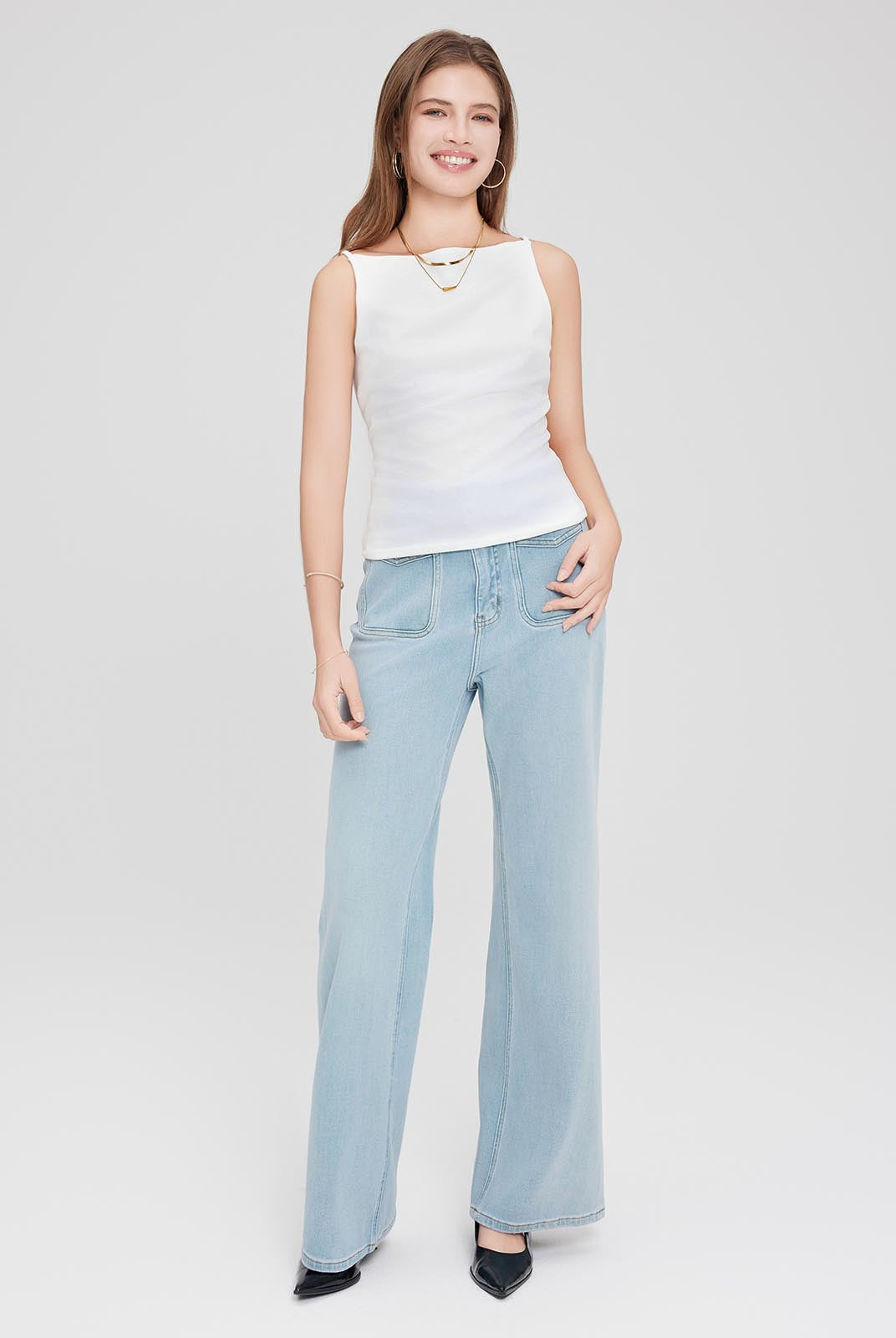 ASOBIO Sleeveless Boatneck Crepe Top