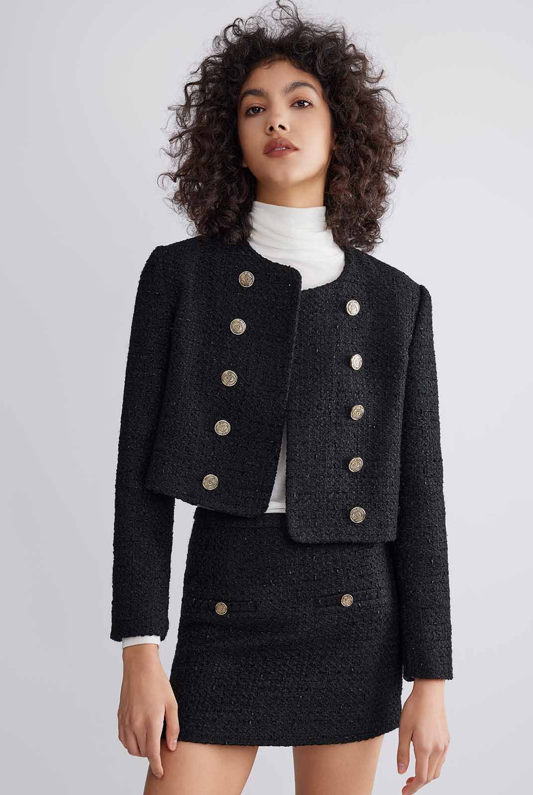 ASOBIO Double-Breasted Cropped Tweed Jacket