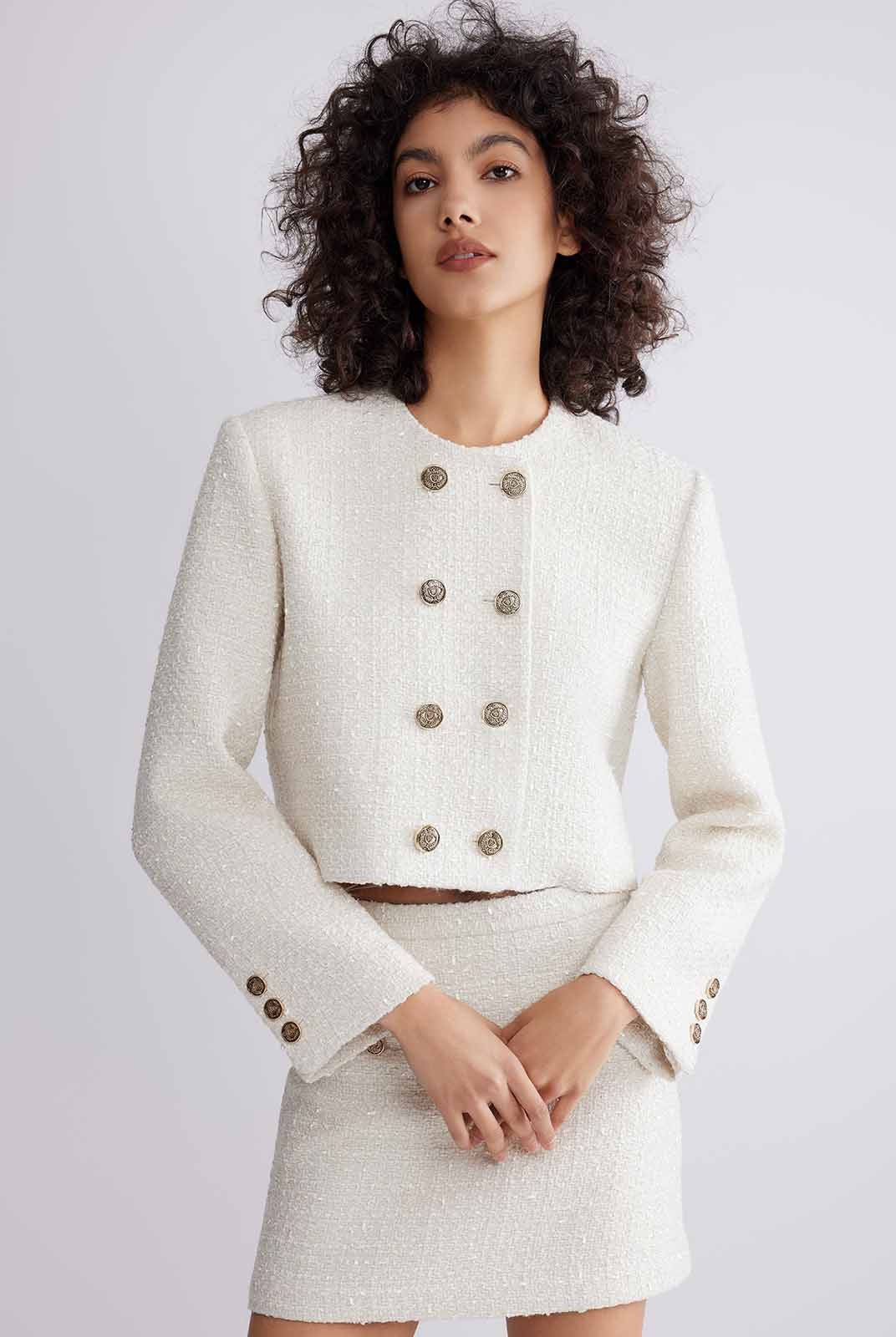ASOBIO Double-Breasted Cropped Tweed Jacket