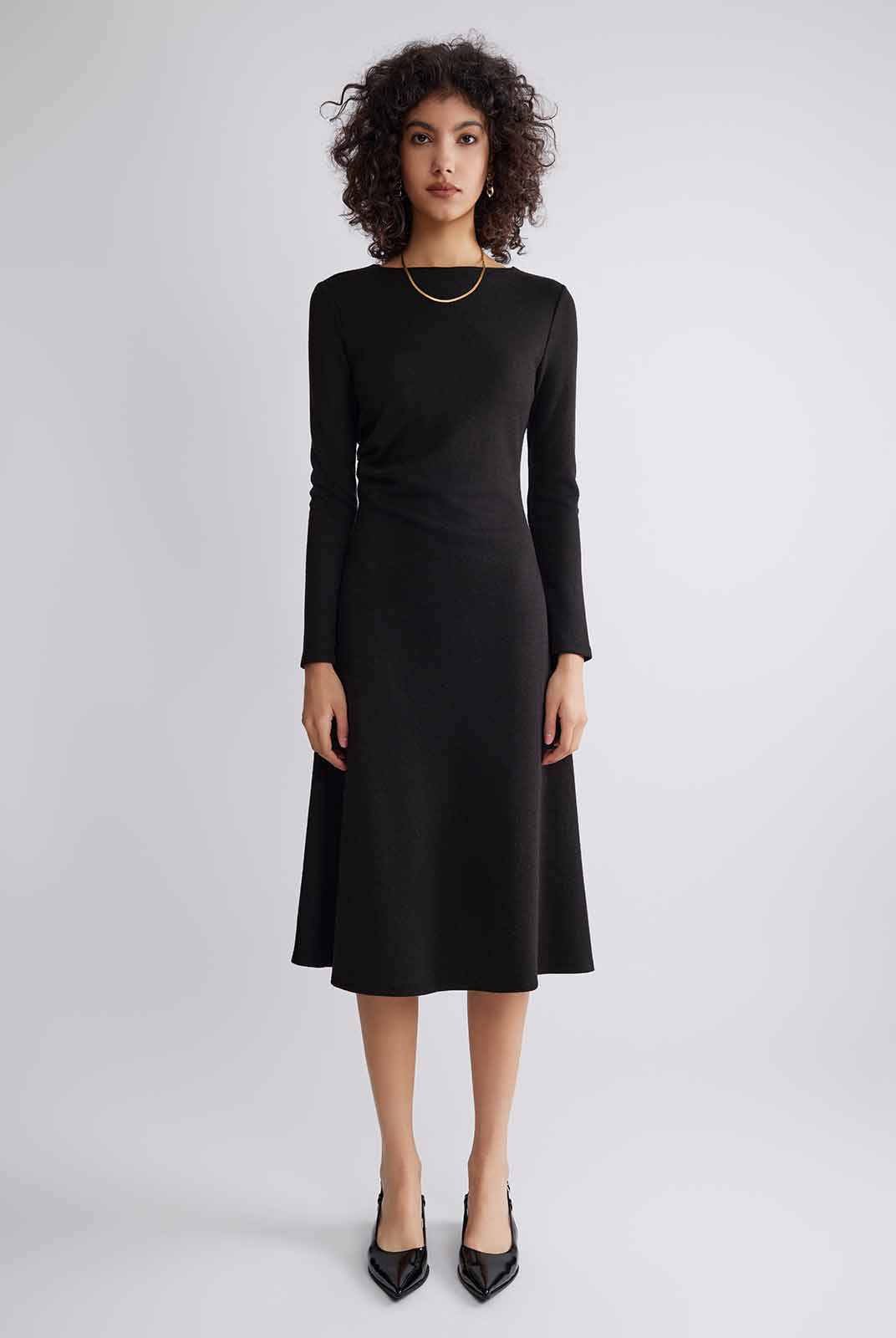ASOBIO Boat Neck Long-Sleeve Pleated Midi Dress