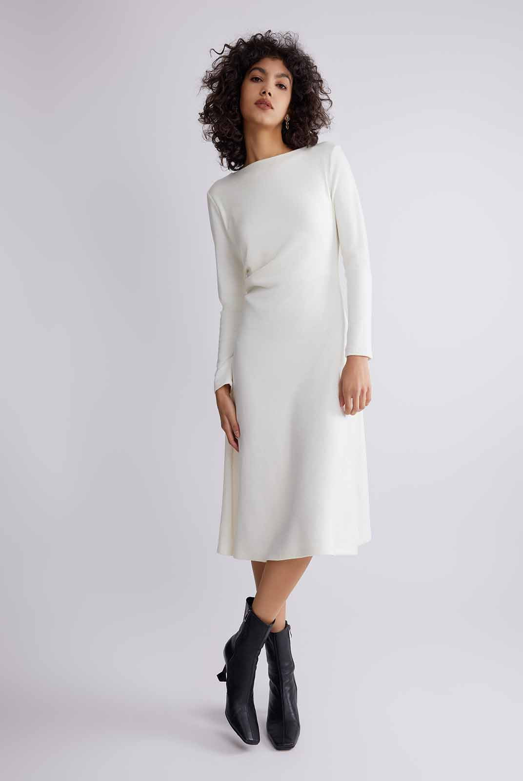 ASOBIO Boat Neck Long-Sleeve Pleated Midi Dress