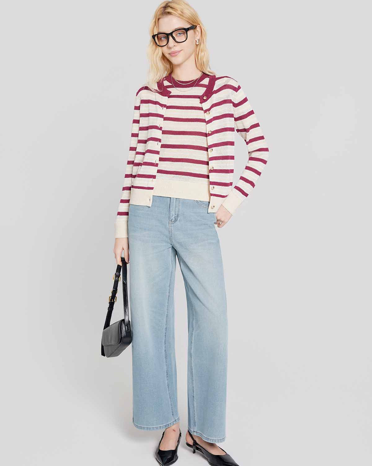 ASOBIO Striped Button Knit Top