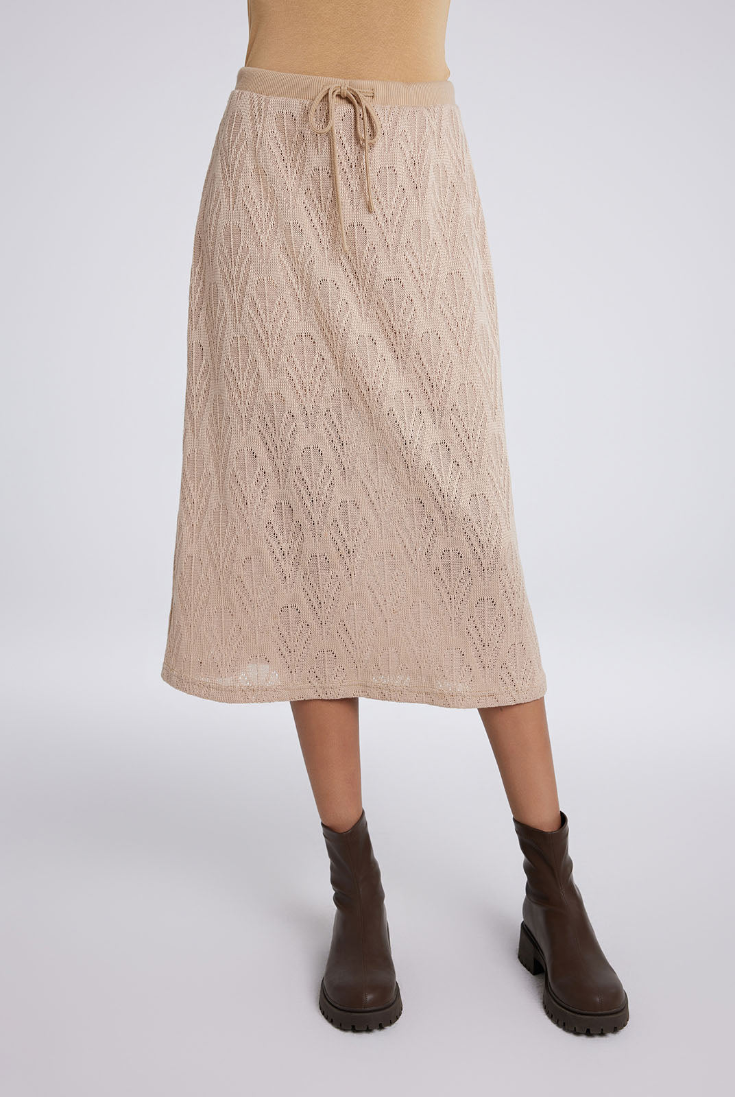 High-rise hollow knit midi skirt with ribbed waist
