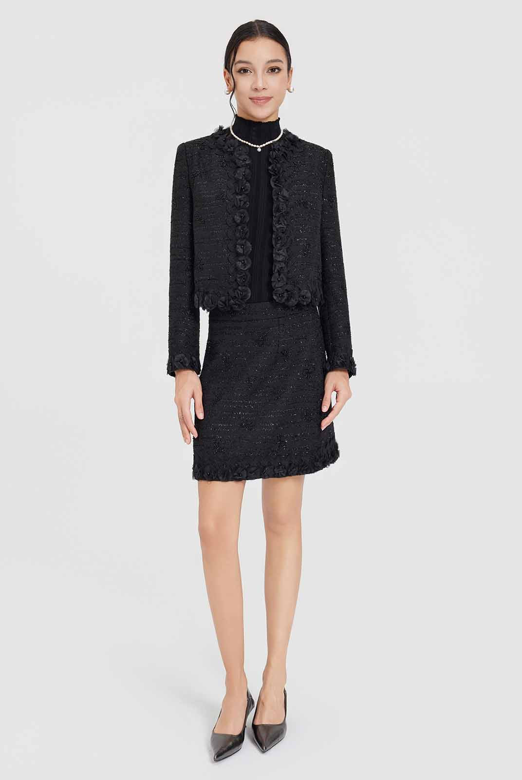 ASOBIO Tweed Mini Skirt with Floral Trim