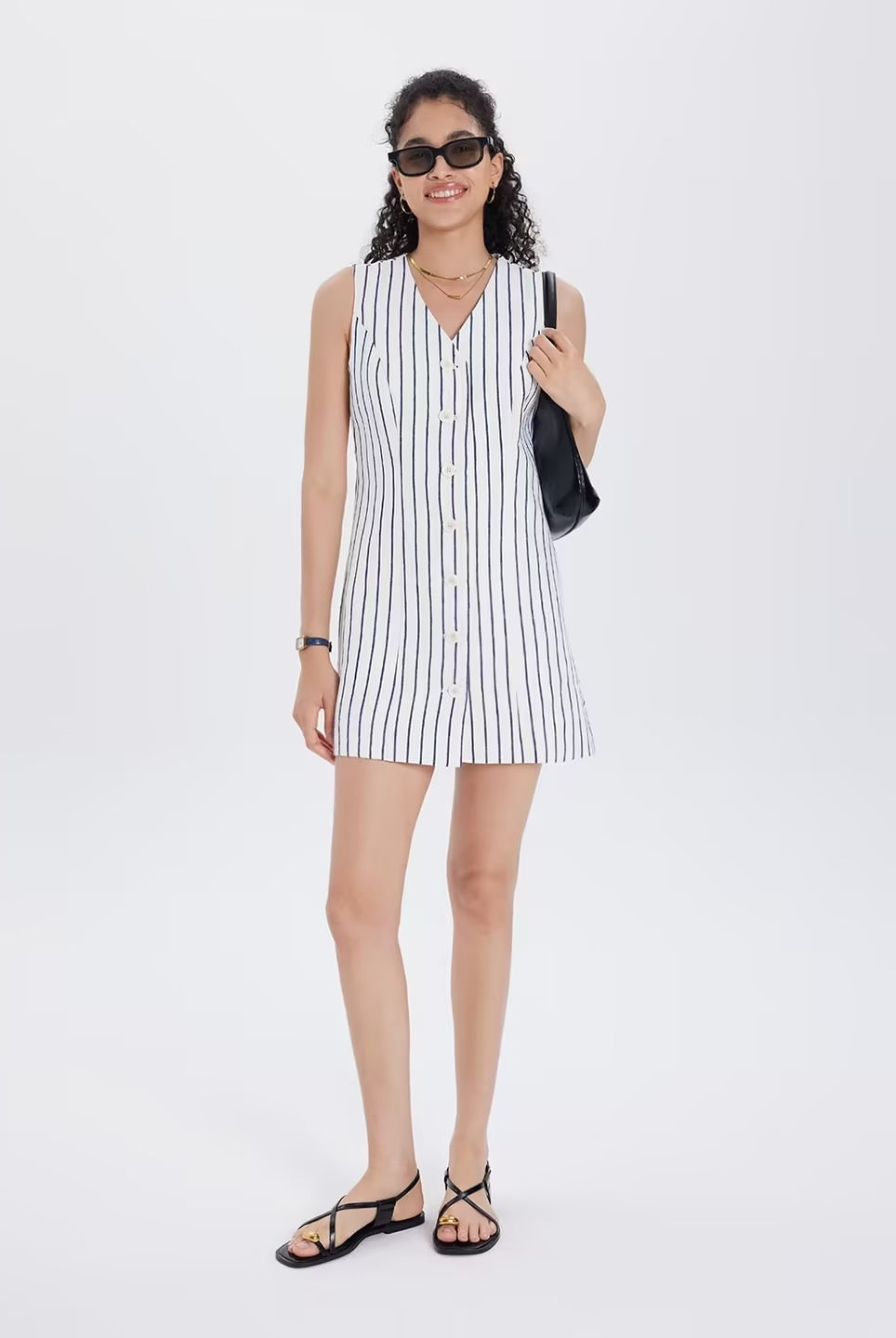 100% Linen Button-Up Linen Vest Mini Dress