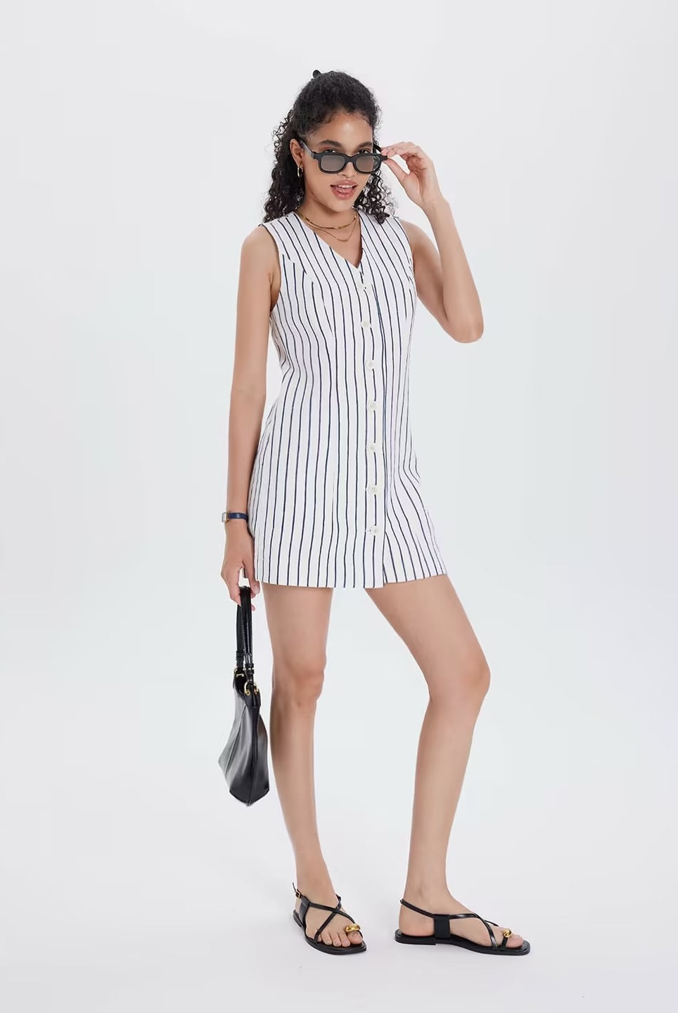 100% Linen Button-Up Linen Vest Mini Dress