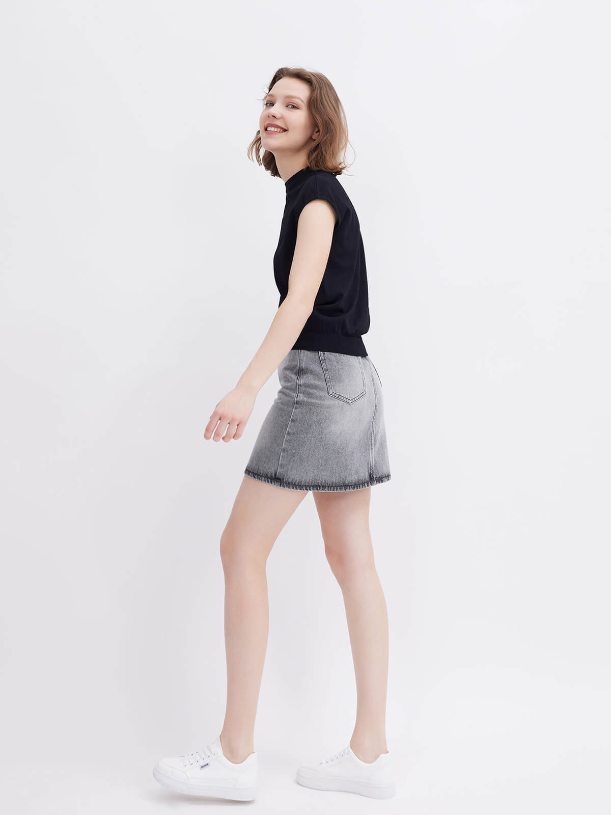 Smoky Grey High Waist Denim Skirt for Women