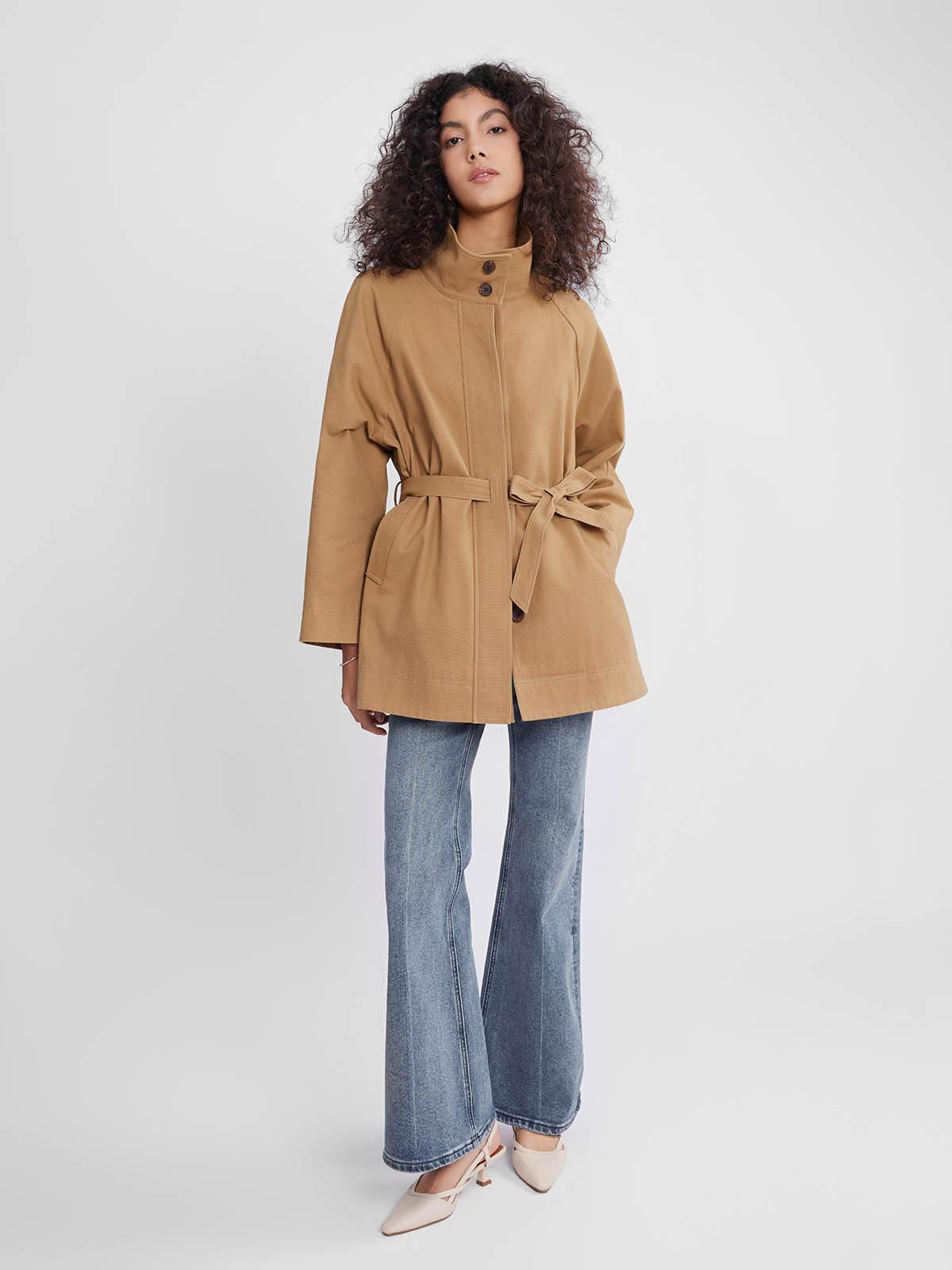 ASOBIO Stand Collar Belted Trench Coat