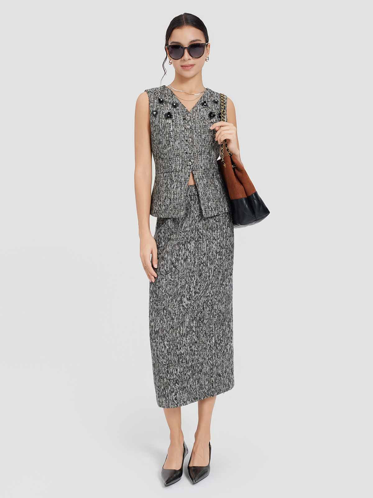 ASOBIO Tweed High-Waist Midi Skirt