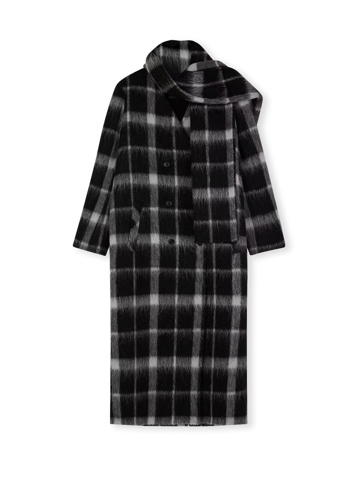 ASOBIO Checked Double-Faced Wool Long Coat with Removable Scarf