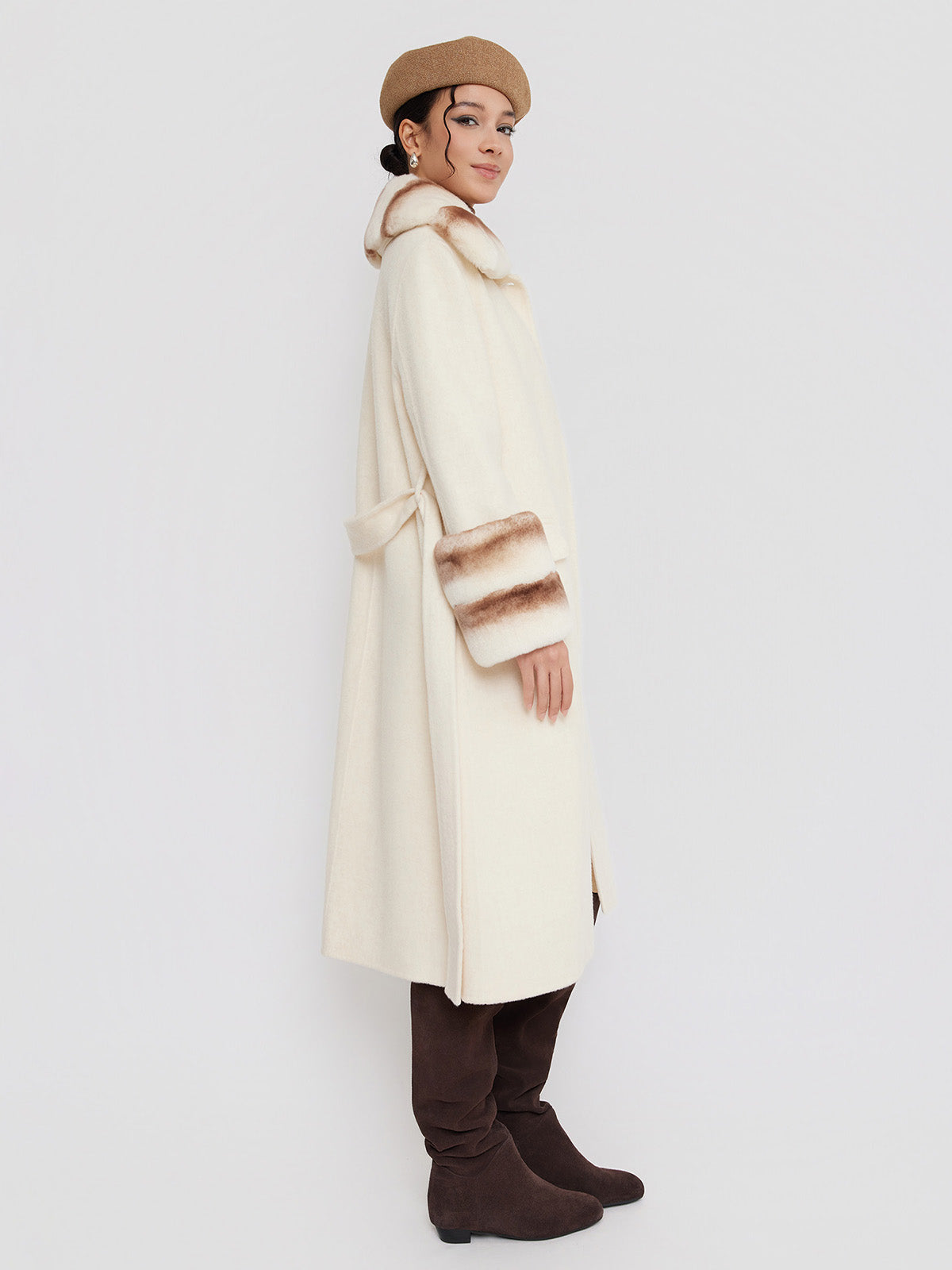 ASOBIO Wool Coat with Rex Rabbit Fur Collar