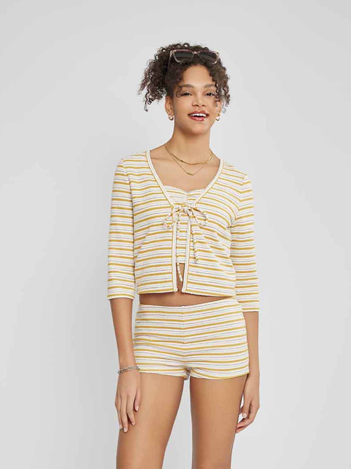 ASOBIO Knitted Front-Tie 3/4 Sleeve Cardigan