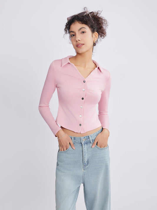 ASOBIO Long Sleeve V-Neck Ribbed Knit Shirt