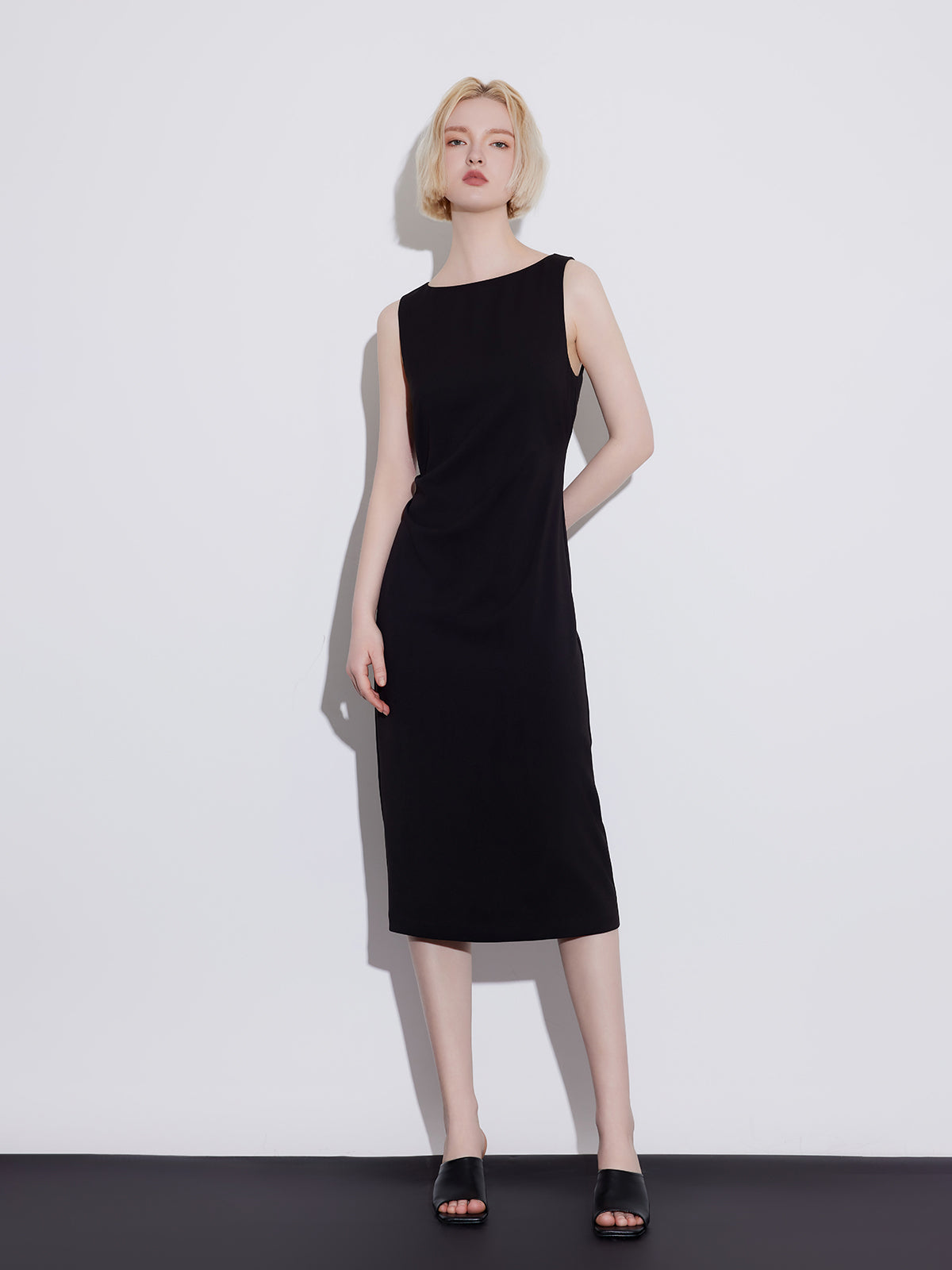 Crepe Boat Neck Midi Dress