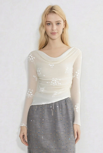 ASOBIO Draped Embroidered Knit Top