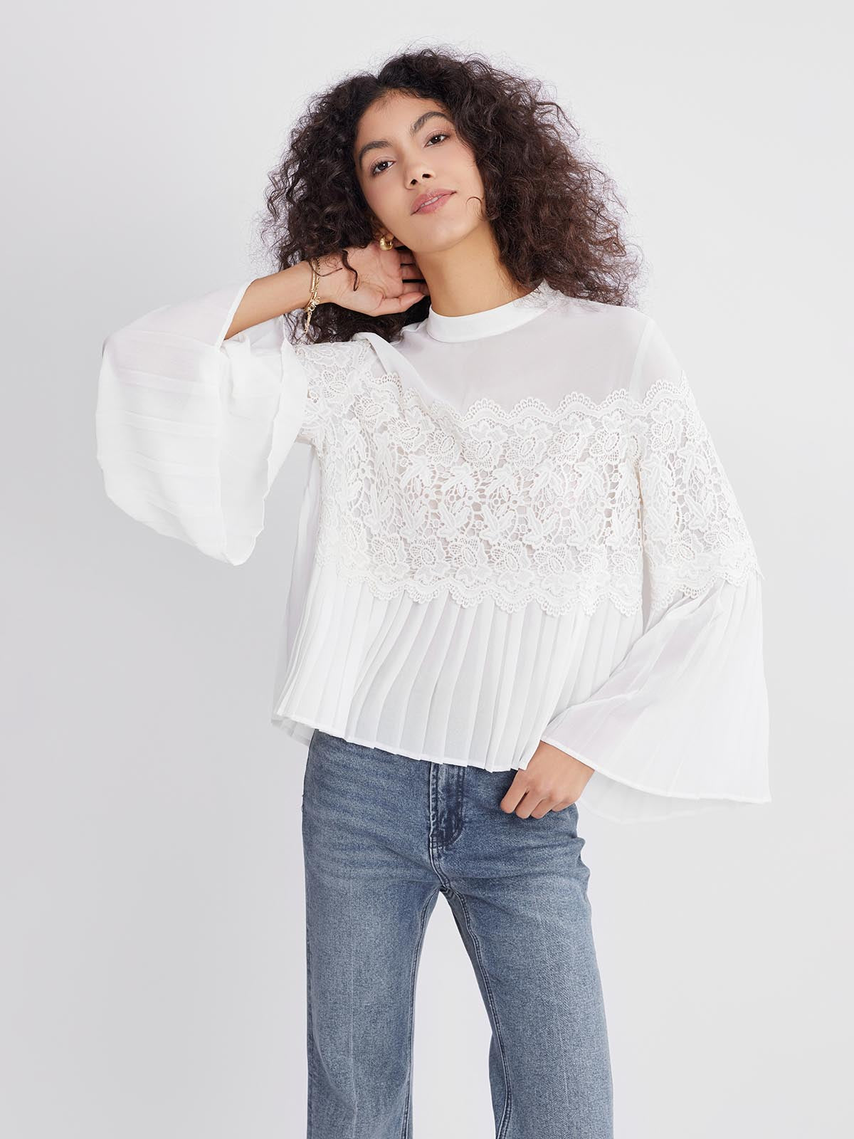 ASOBIO Pleated Chiffon Lace-Panel Blouse