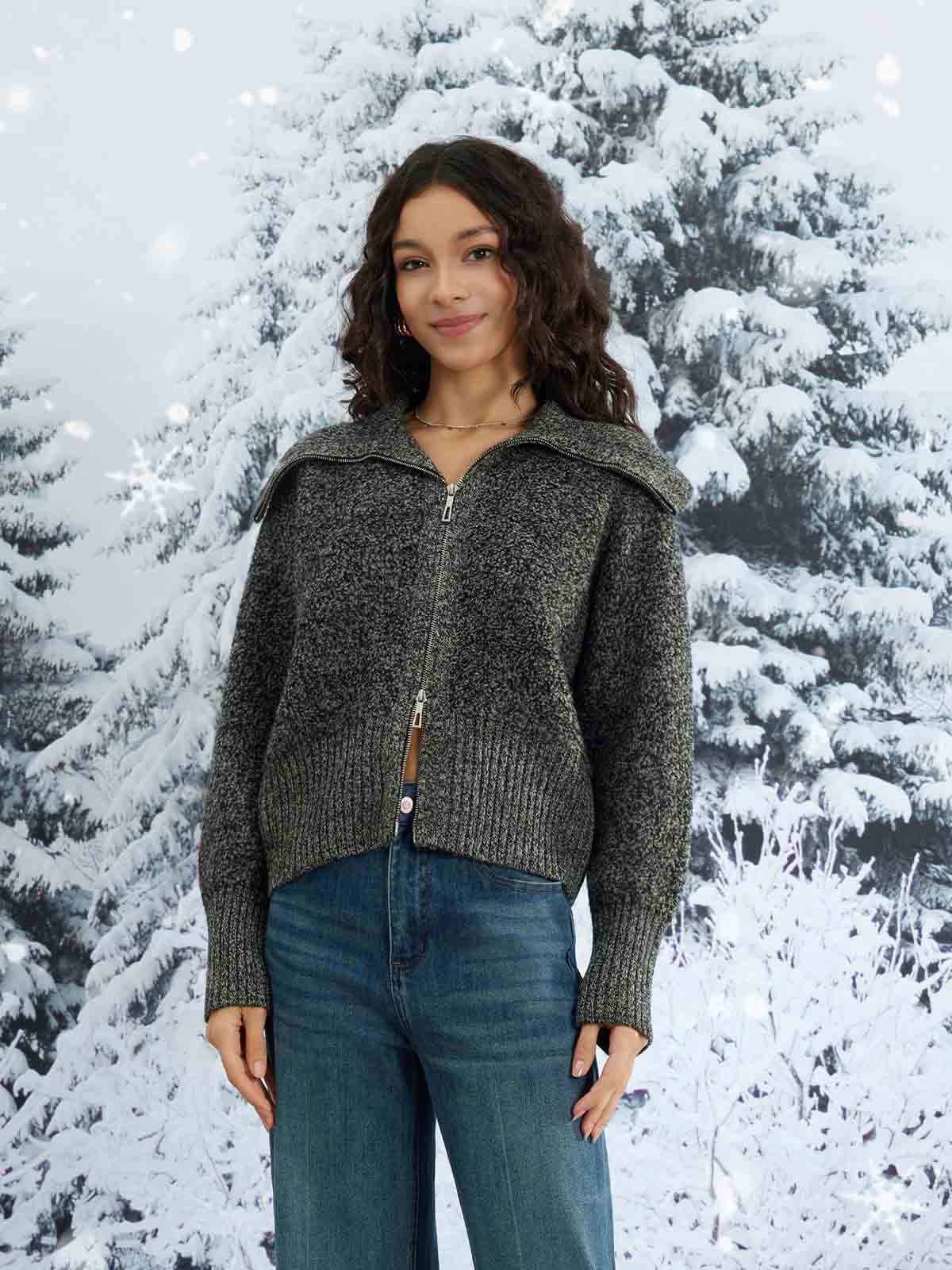 ASOBIO 100% Wool Zip-Up Cardigan