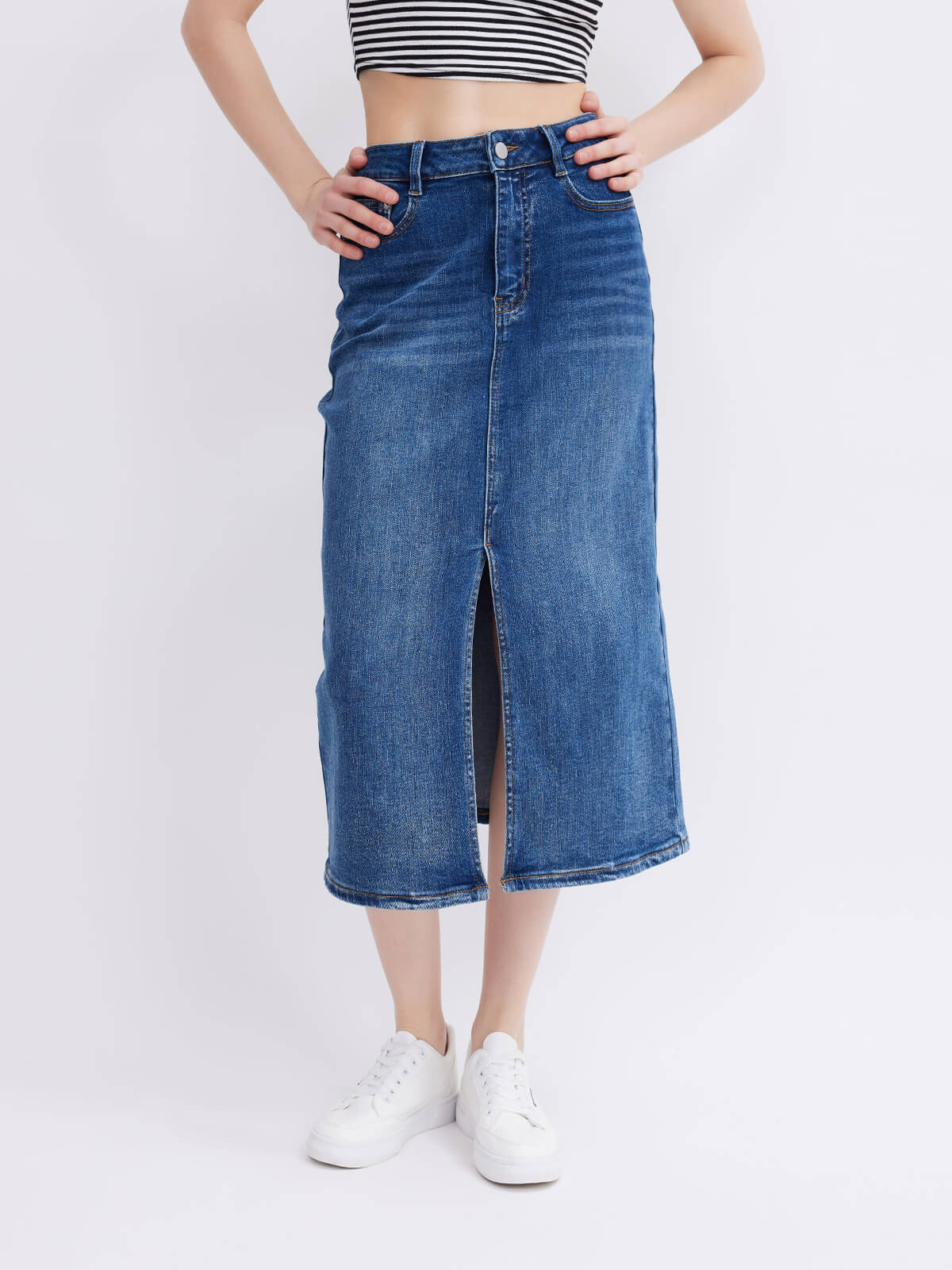 Medium Wash Long Denim Skirt