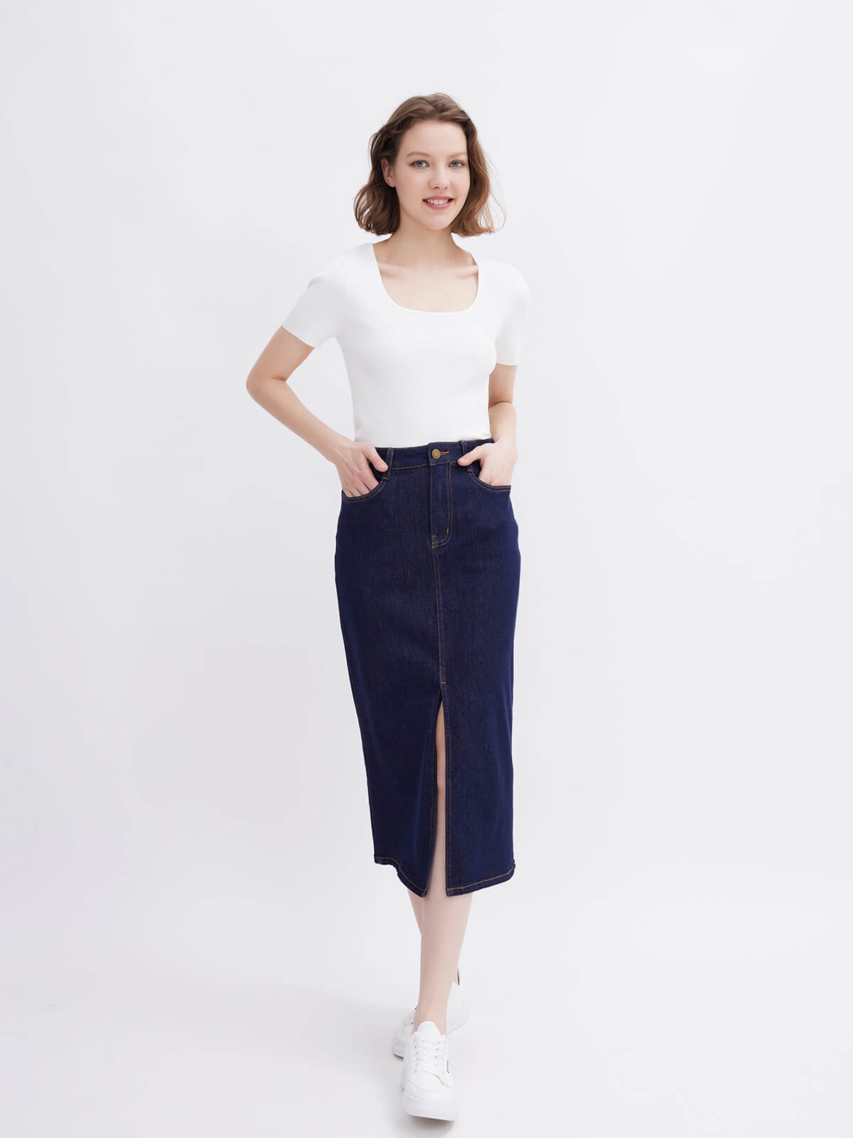 Dark Wash Split Denim Skirt