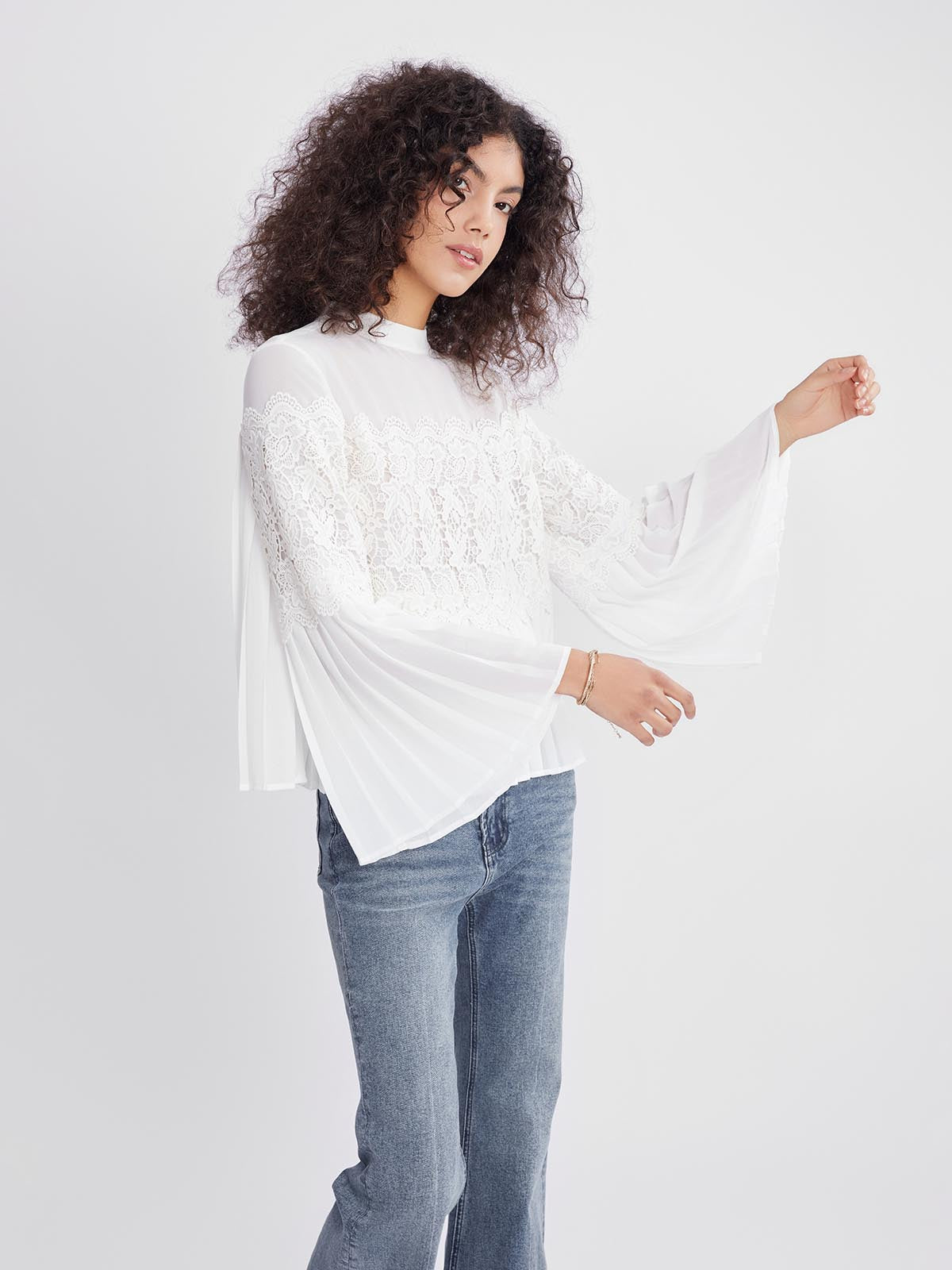 ASOBIO Pleated Chiffon Lace-Panel Blouse