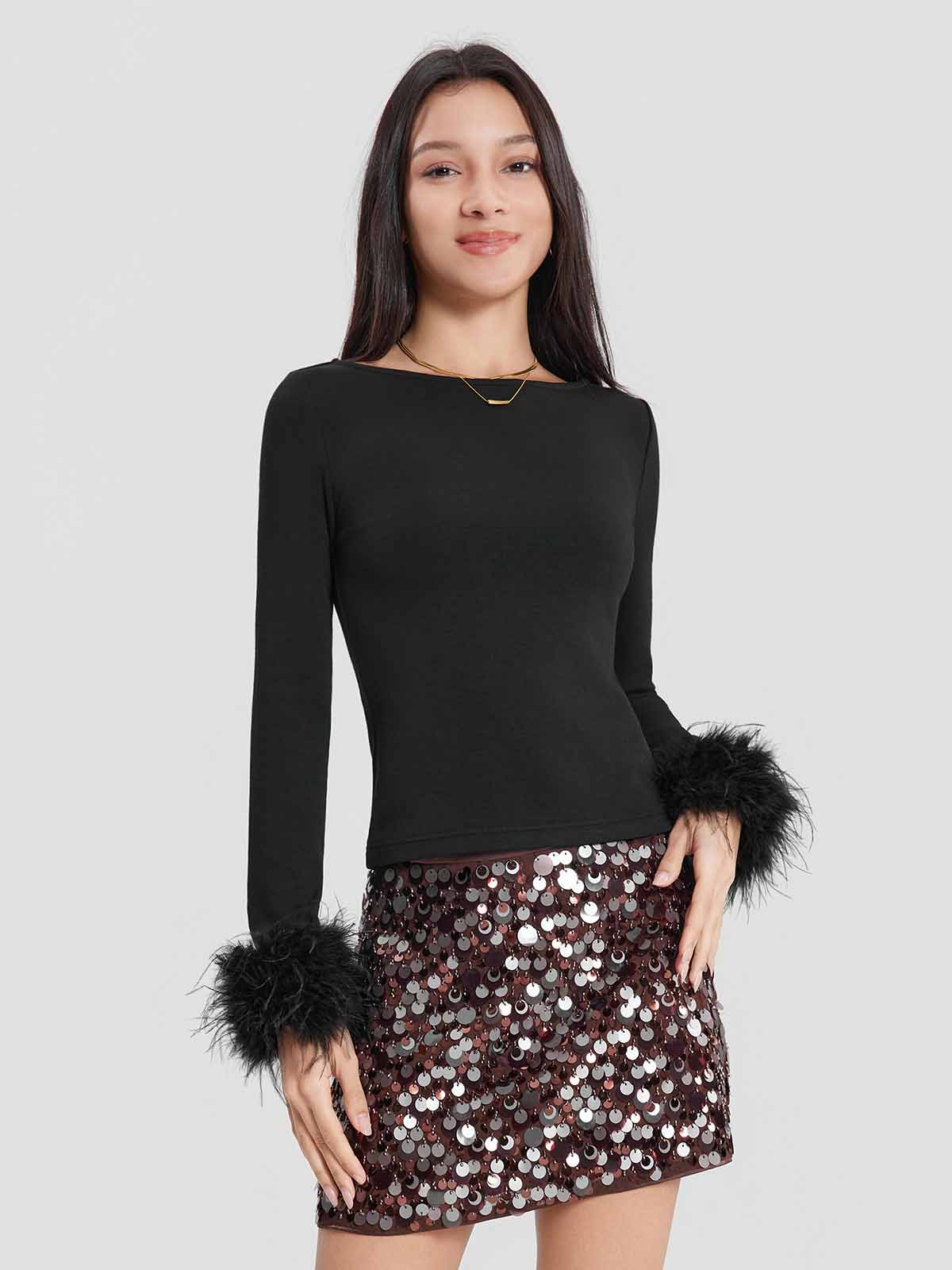 ASOBIO Boat-Neck Feather Cuff Top