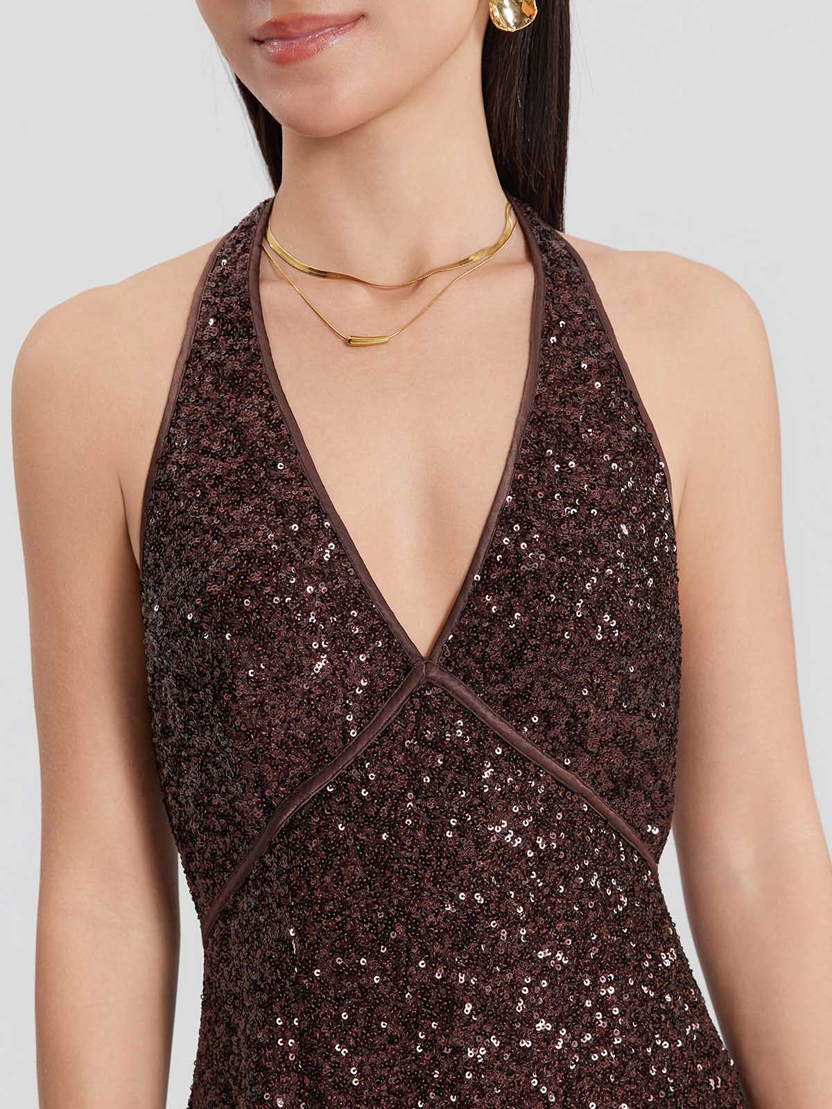 ASOBIO Sequin Halter Backless Mini Dress