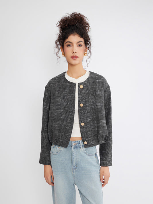 ASOBIO Cropped Tweed Jacket with Pleated Hem