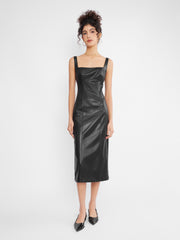 ASOBIO Square Neck Faux Leather Midi Dress