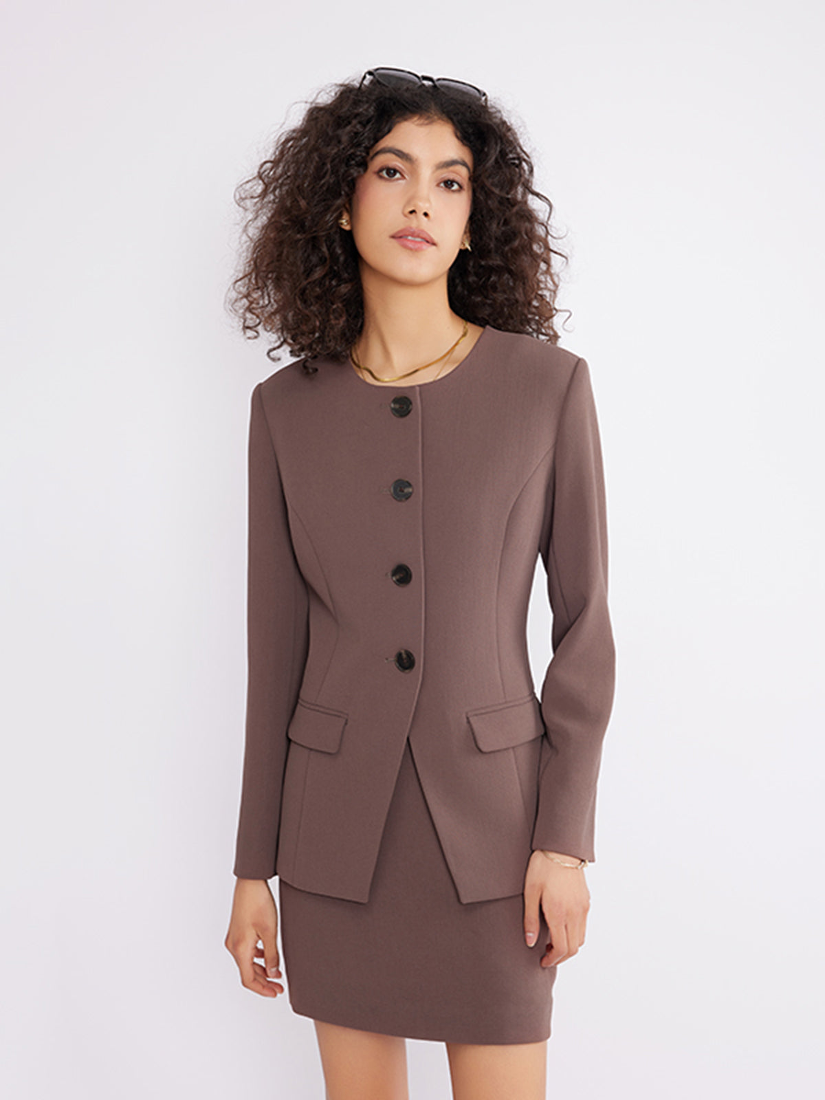 ASOBIO Tailored Round Neck Button-Up Blazer